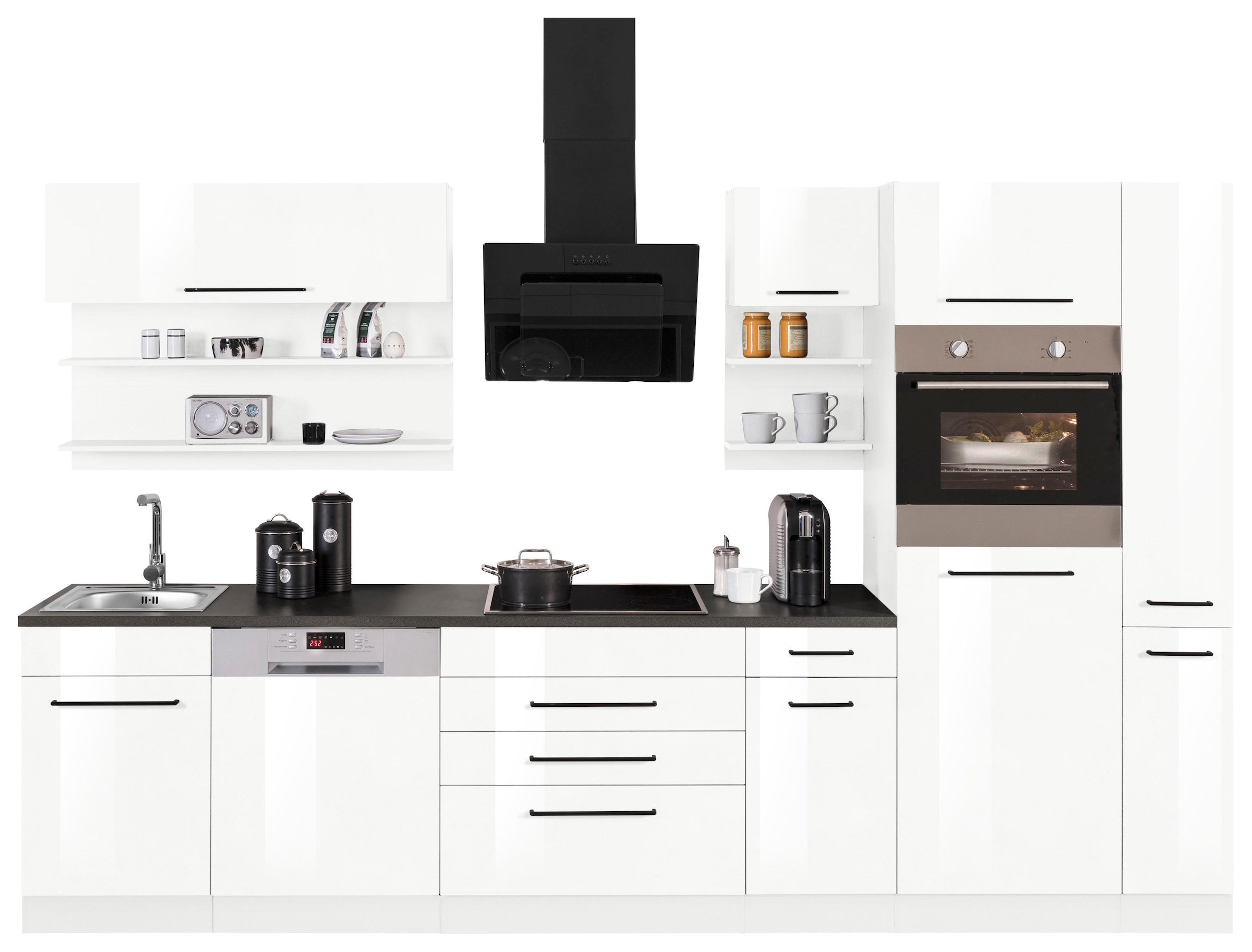 KOCHSTATION Küchenzeile »KS-Tulsa« mit E-Geräten, Breite 320 cm, schwarze Metallgriffe, MDF Fronten