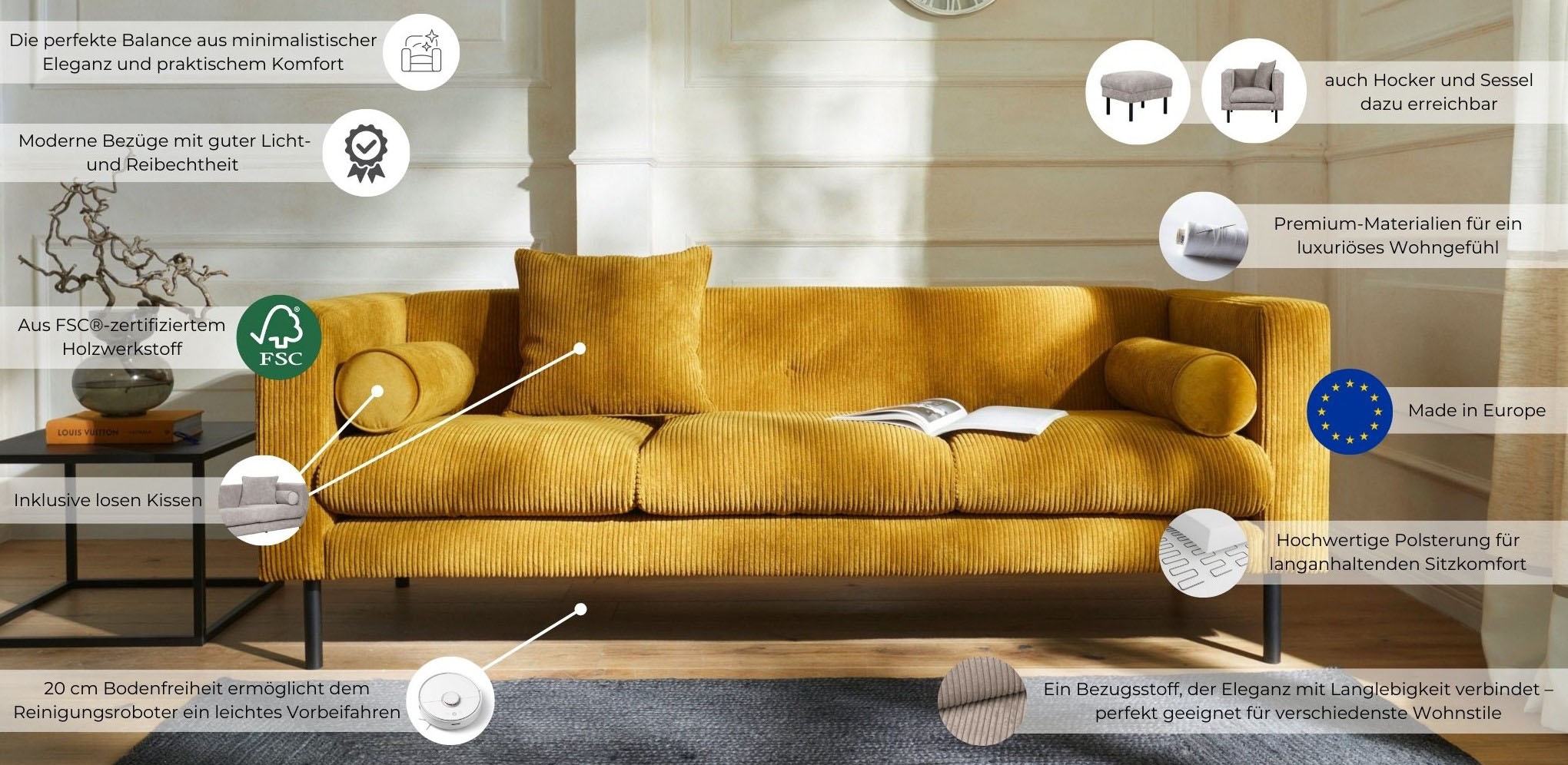 Guido Maria Kretschmer Home&Living 3-Sitzer »Lillibeth Designsofa mit Wellenunterfederung, Maße B/T/H: 218/74/83 cm«, Zierkissen als Wendekissen, Bezug Samtoptik oder Cord