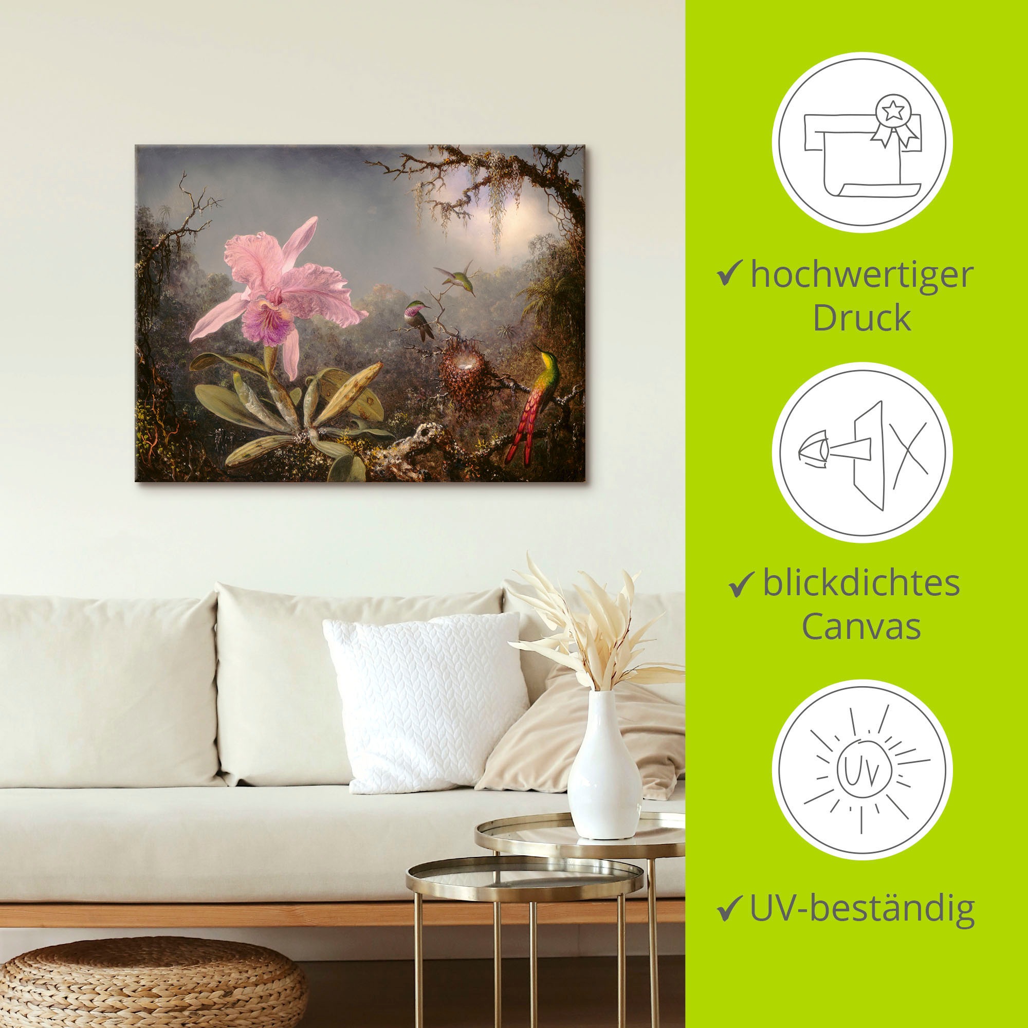 Artland Wandbild »Cattleya Orchidee und drei Kolibris.«, Blumenbilder, (1 St.), als Leinwandbild, Poster in verschied. Größen