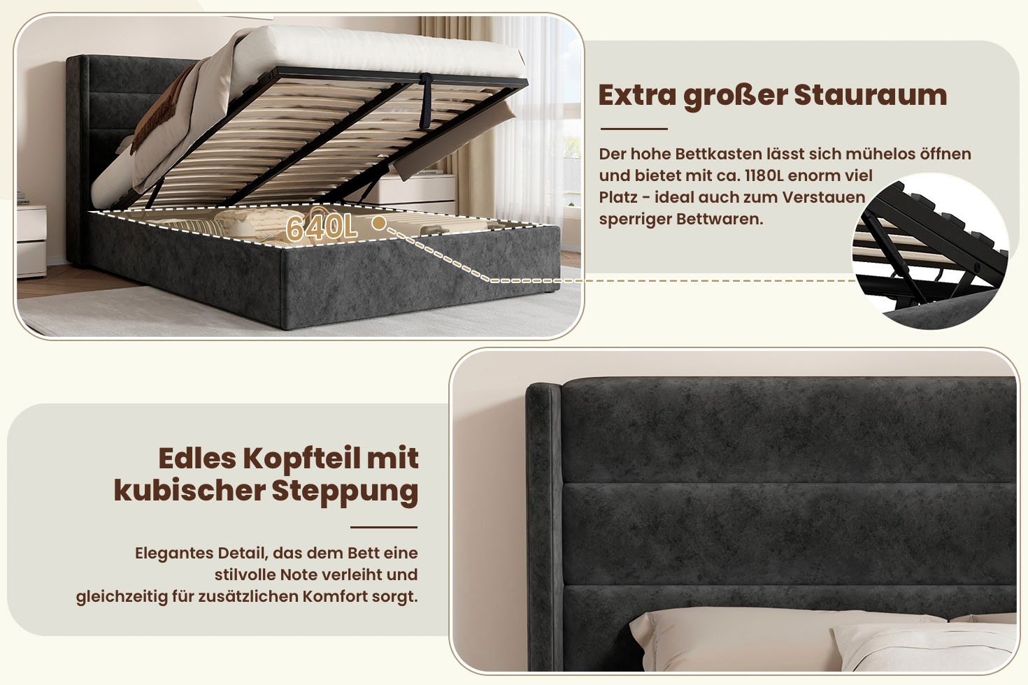OTTO home Polsterbett »ROMMINA, Polsterbett mit Bettkasten in den Breiten 140cm & 180cm« Samtweicher Chenille-Bezug