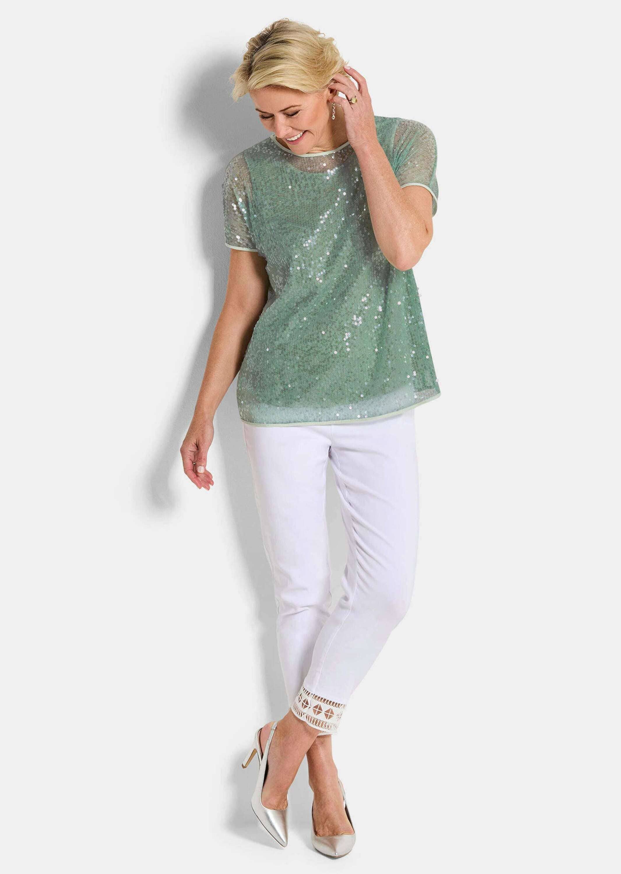 GOLDNER Satinbluse »Kurzgröße Paillettenbluse mit Top aus Viskose-Satin«