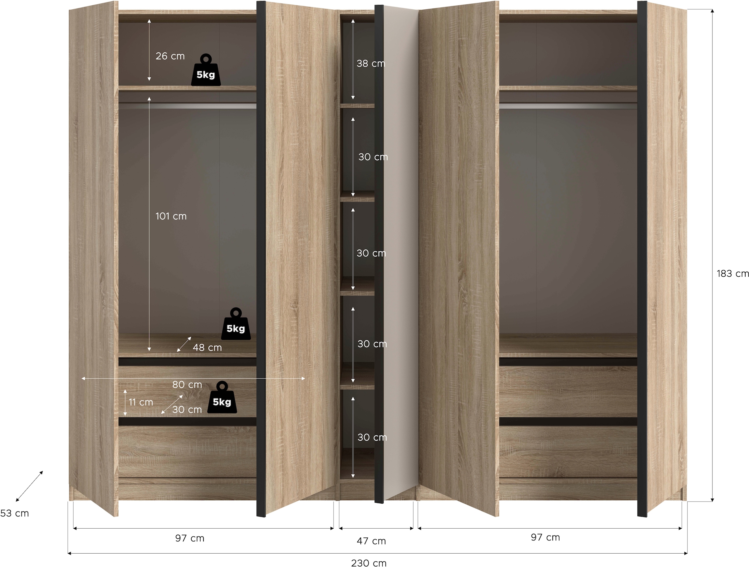 Home affaire Kleiderschrank »BENDINGO, TOPSELLER!, Schlafzimmerschrank, Schrank, Garderobenschrank« OTTO BESTSELLER, Garderobe & Schlafzimmer,  230cm breit, Eiche NB, 5türig, 2 Kleiderstangen, 6 Böden, 4 Schubladen