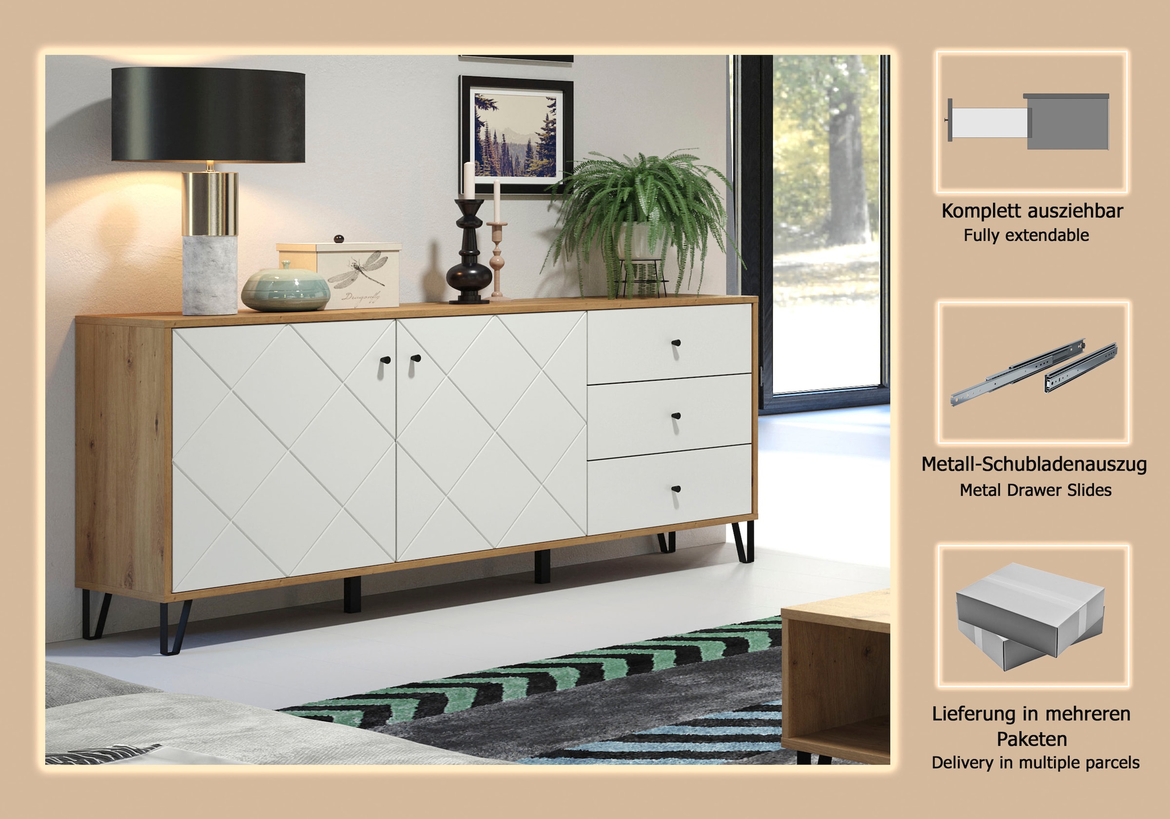 Places of Style Sideboard »Tarragona«, Sideboard, 2 Türen, 3 Schubkasten & Soft-Close - (B/T/H) 183/40/76 cm