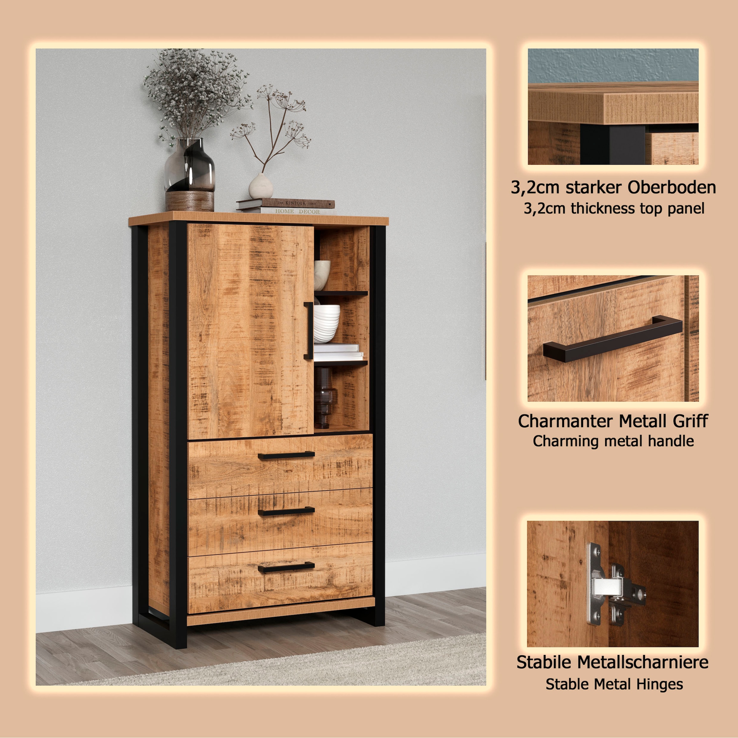 Home affaire Highboard »Elda« 1 Stk. tlg. Vitrine mit 1 Tür & 3 Schubladen mit Vollauszug – (B/T/H) 87/45/155 cm