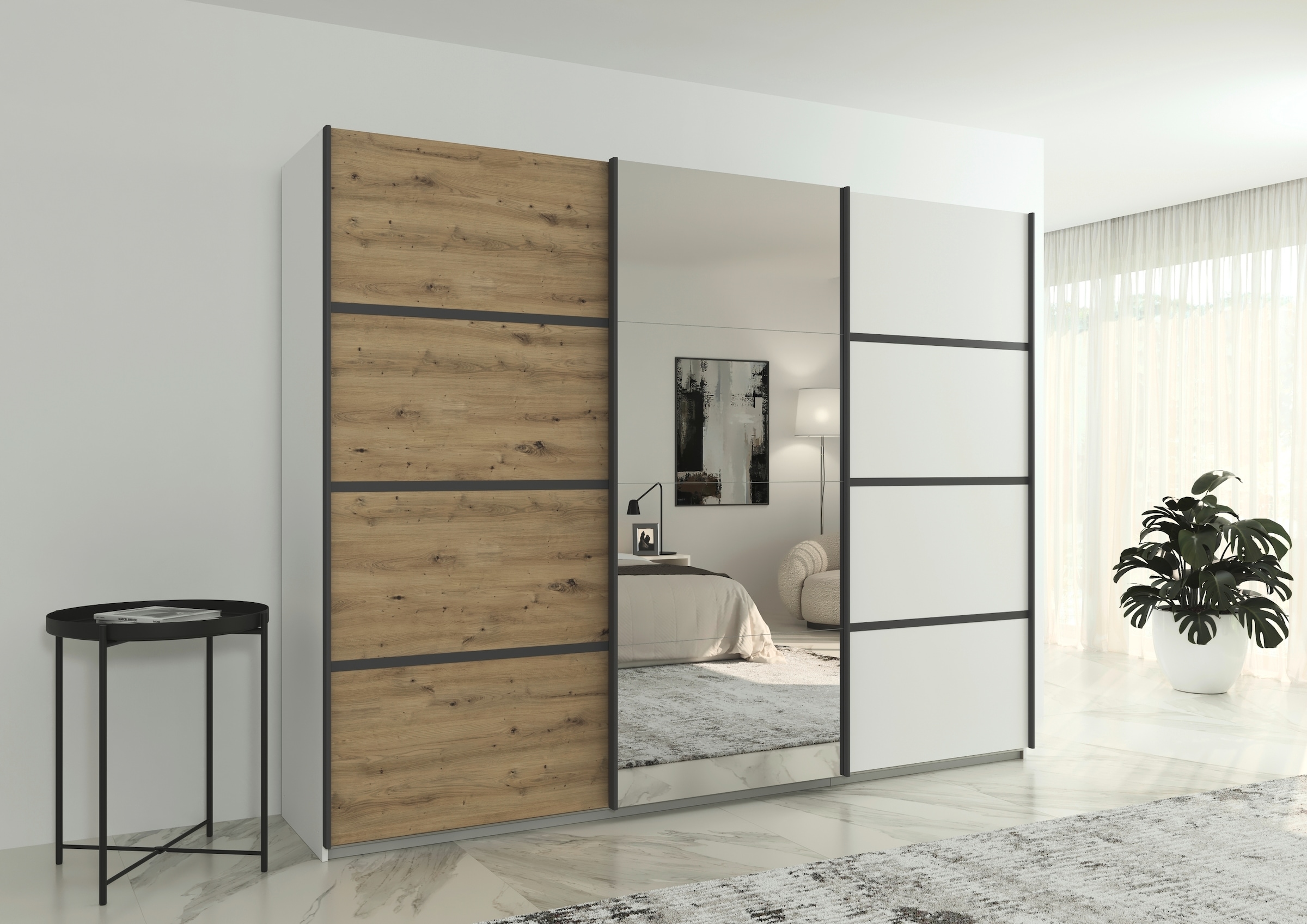 rauch Kleiderschrank »Schwebetürenschrank Garderobe Schrank TOP ANGEBOT Avola«, (in 3 verschiedenen Ausstattungen BASIC/CLASSIC/PREMIUM inkl. Spiegel), mit eleganten Zierleisten in Chrom, Schwarz oder Weiß MADE IN GERMANY