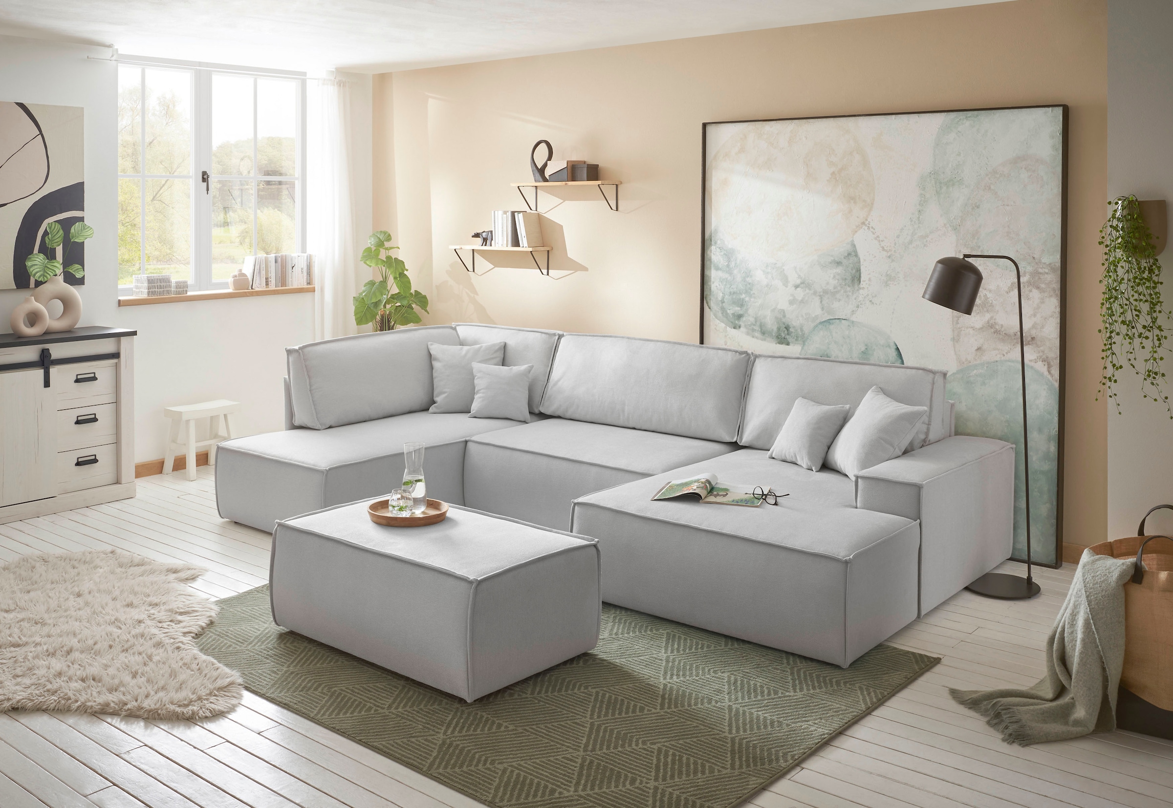 andas Wohnlandschaft »FINNLEY, U-Form XXL 329 cm, Schlafsofa, Schlaffunktion m. Bettkasten« verfügbar in den Stoffqualitäten Bouclé, Struktur fein und Mega Cord