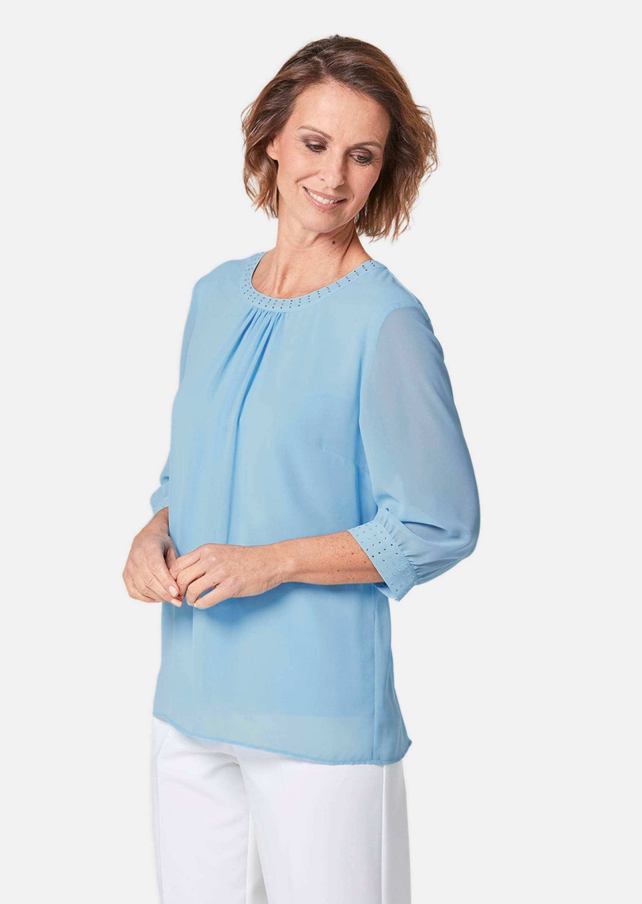 GOLDNER Langarmbluse »Kurzgröße Bluse aus leichtem Chiffon mit Glitzersteinen«