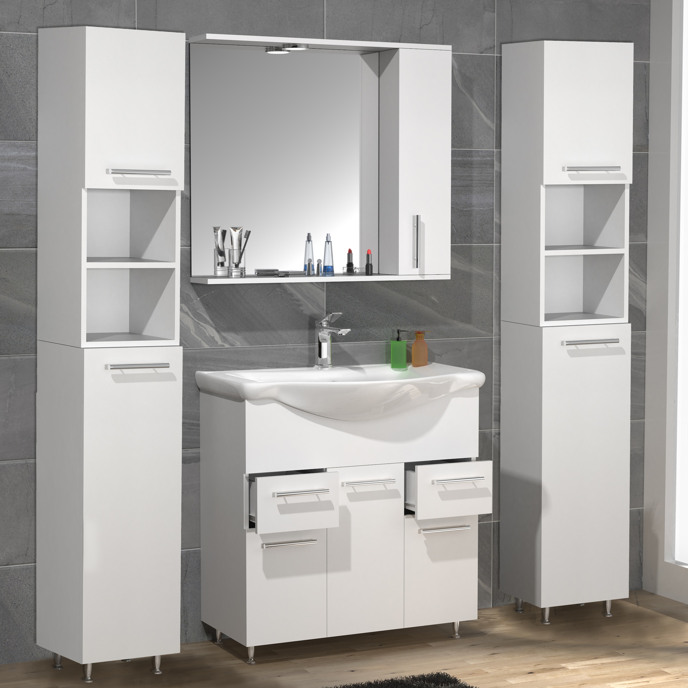 VCM Waschbeckenunterschrank »VCM 5-tlg. Waschplatz Waschtisch Badmöbel Set Waschbecken Schubladen Drehtüren Spiegelschrank Hochschrank Lisalo XL«, (5 St.)