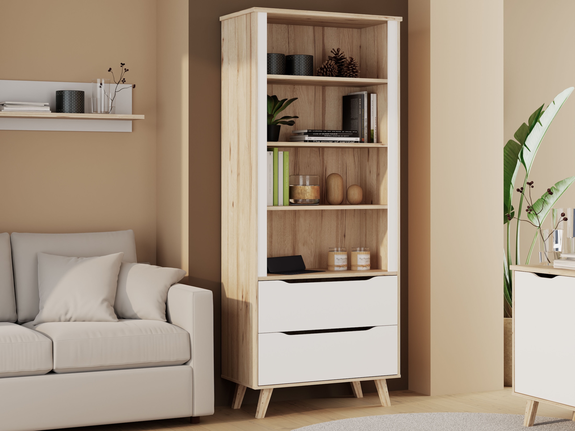 FORTE Wandregal »Vankka Regal 2 Schubkästen«, (B/H/T 84,7/201,5/41,7 cm), Regal, Holzfüße, Einlegeböden variabel, 2 Schubkästen