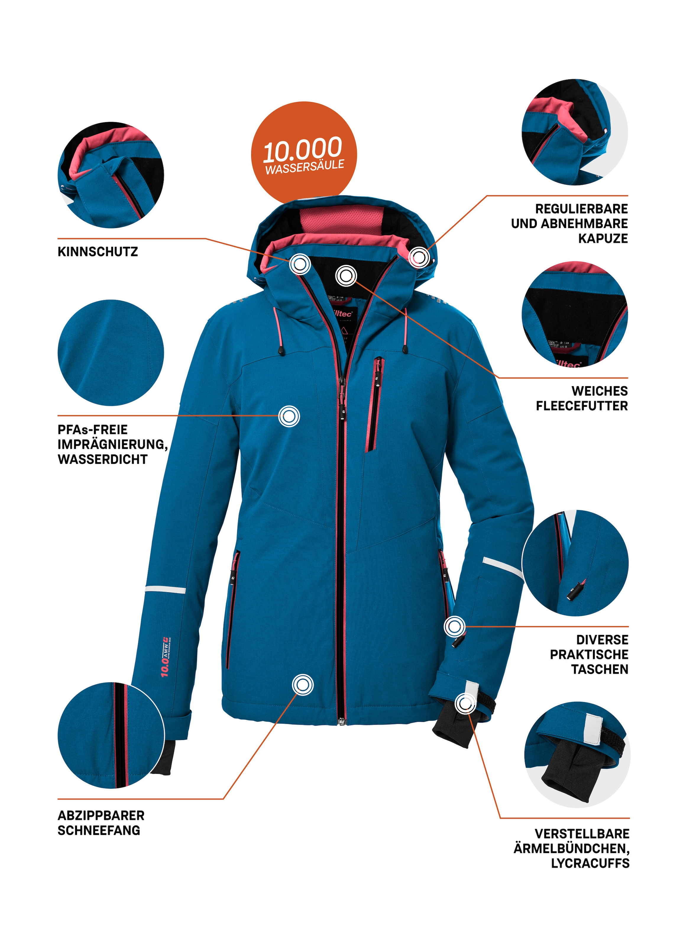 Killtec Skijacke »KSW 81 WMN SKI JCKT«, Wasserdichte, atmungsaktive Winterjacke mit abnehmbarer Kapuze