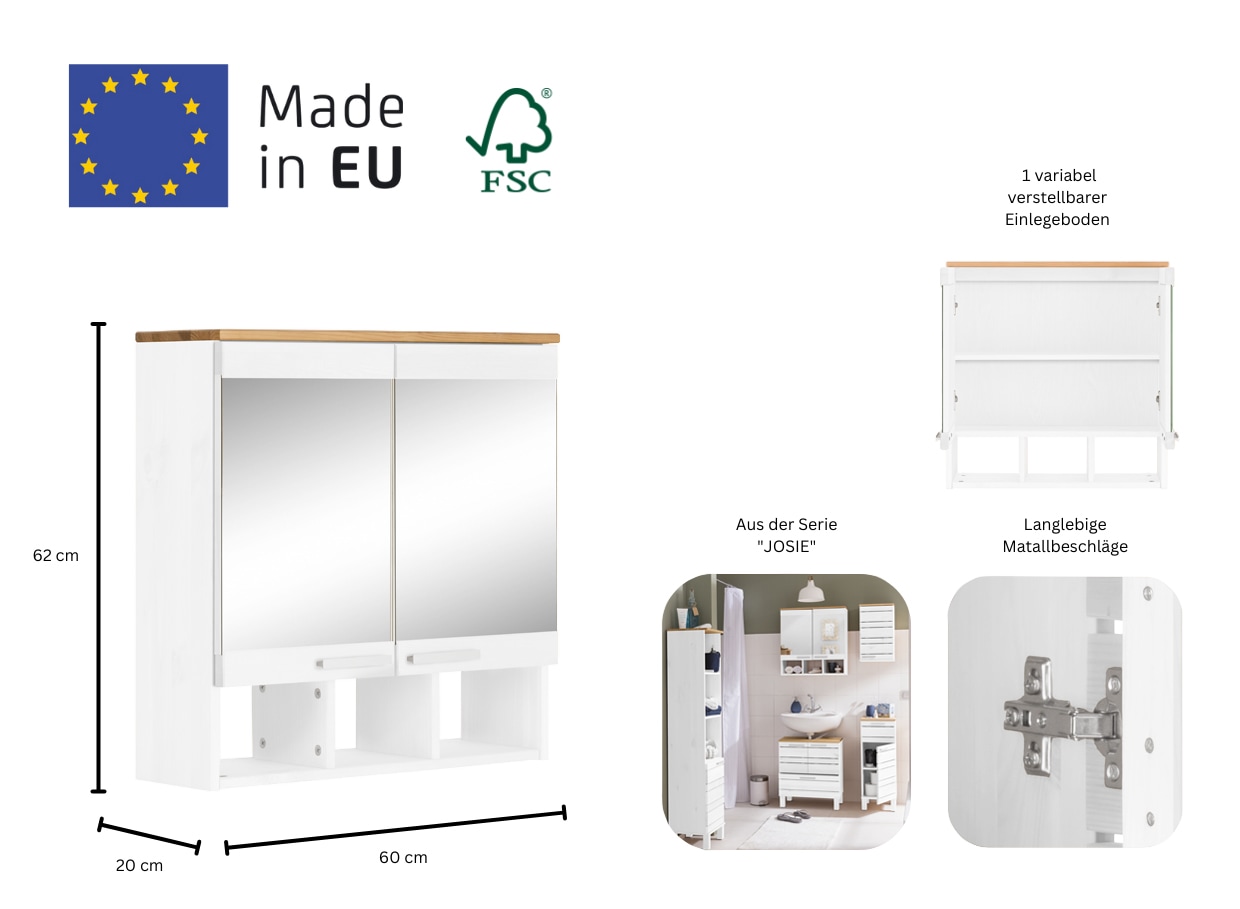 Home affaire Spiegelschrank »JOSIE«, Breite 60 cm, aus Massivholz, verstellbarer Einlegeboden, Metallgriffe
