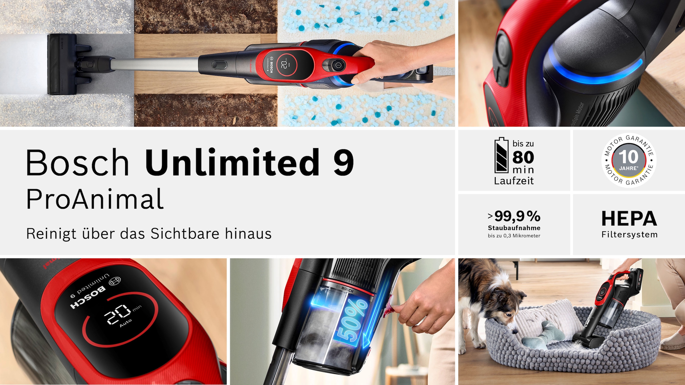 BOSCH Akku-Stielstaubsauger »Unlimited 9 ProAnimal BKS941PET, MicroClean™ Technology« HEPA-Filtersystem, 10 Jahre Motorgarantie, Schnellladegerät, LED Licht