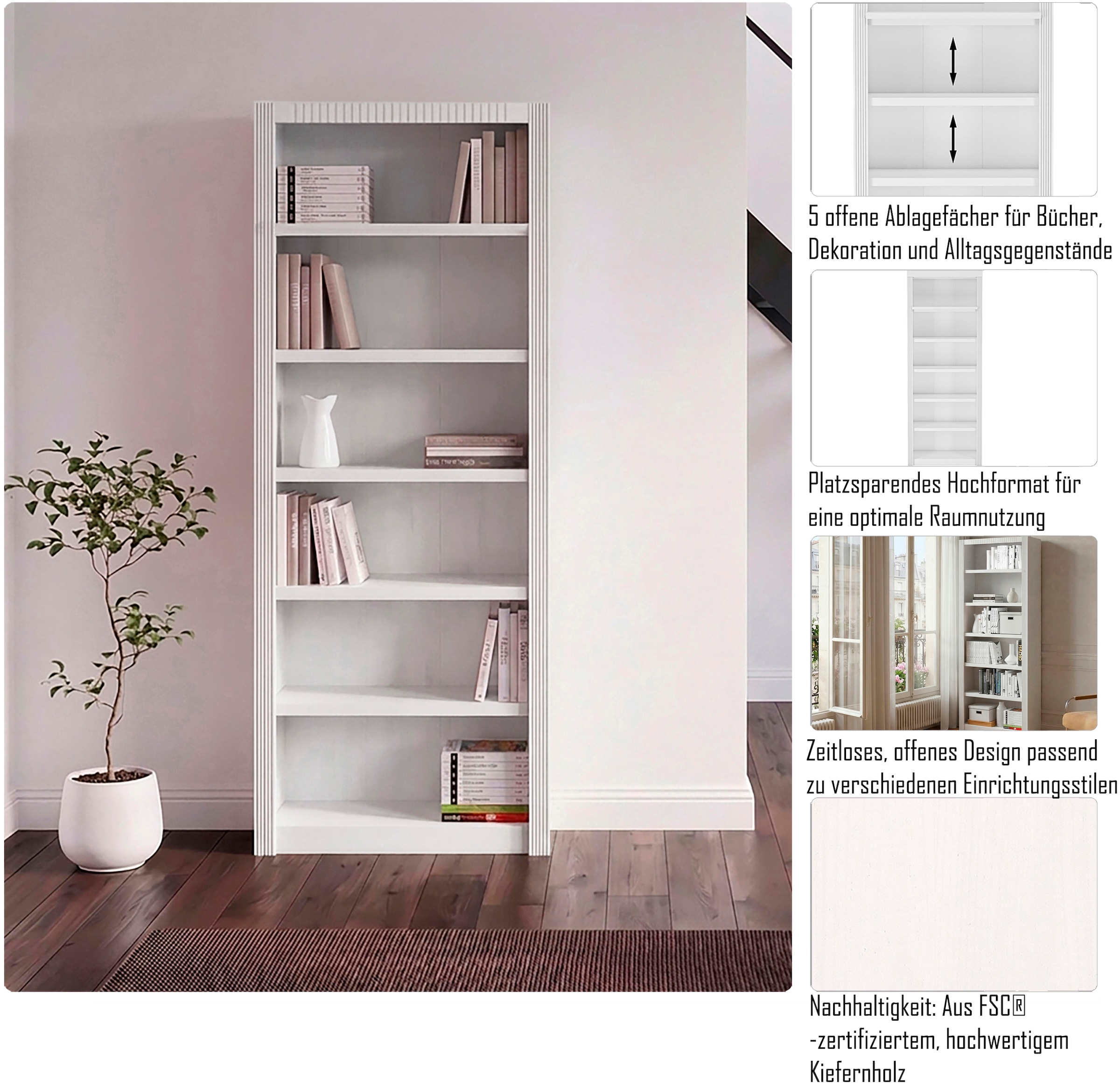 OTTO home Standregal »Bergen Bücherregal mit 5 Einlegeböden und einer natürlichen Maserung« aus massivem Kiefernholz mit 6 Fächern, 82,5cm breit