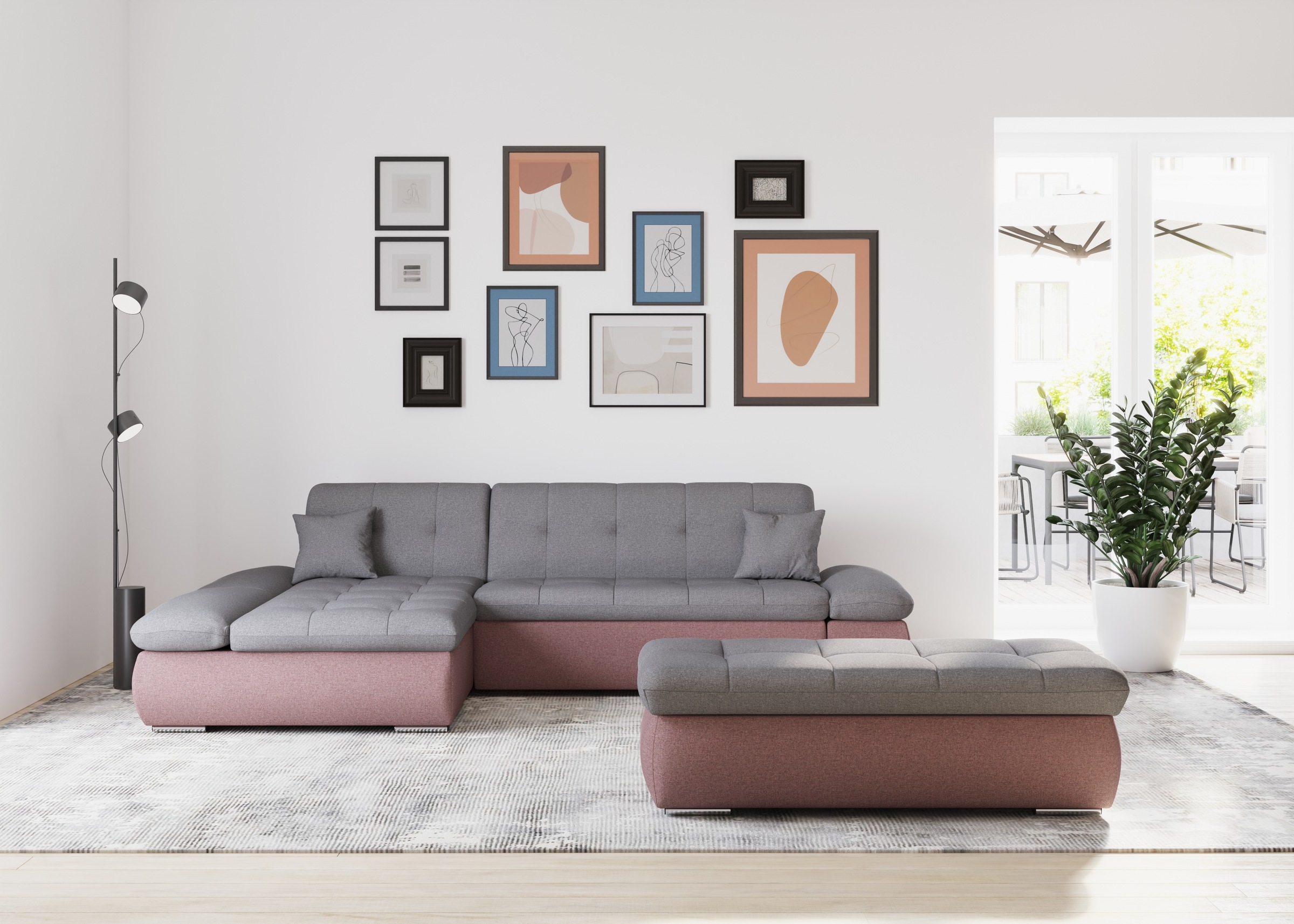DOMO collection Ecksofa »Moric, L-Form, XXL-Sofa - Breite 300cm«, wahlweise mit Bettfunktion und Armteilverstellung, beere-grau