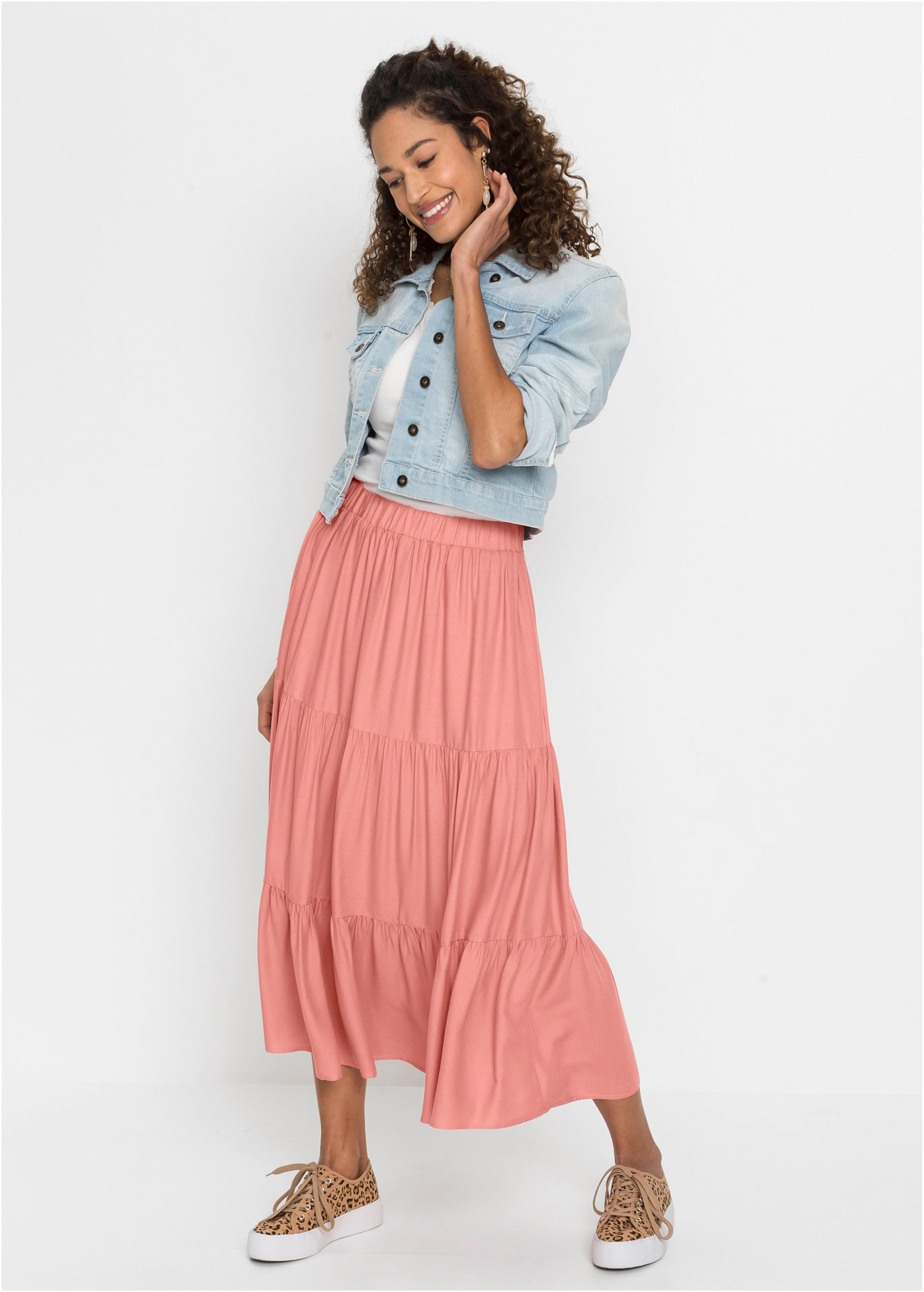 bonprix Volantrock aus Viskose, A-Linie, mit Volants, Midi-Länge