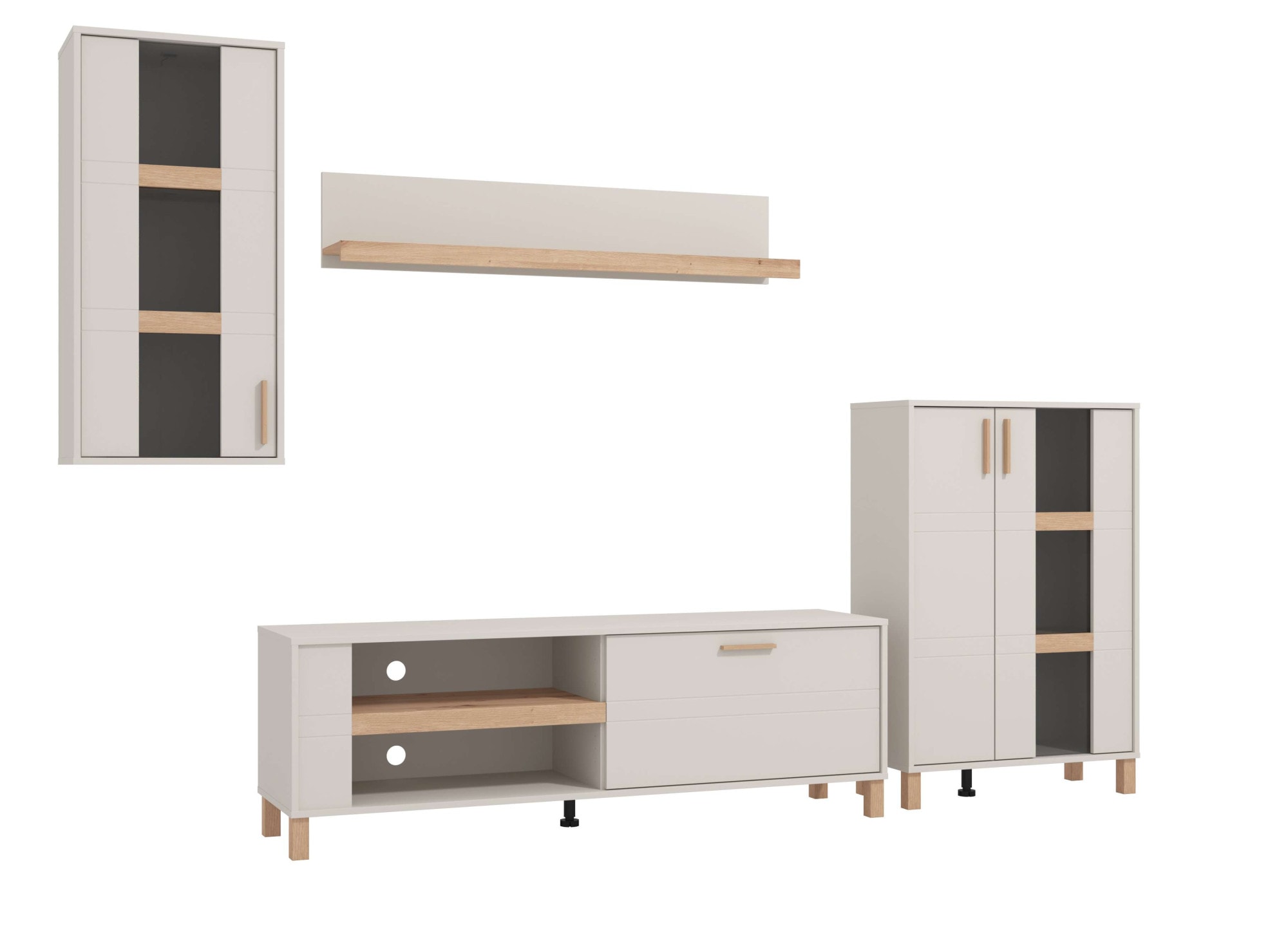 Home affaire Wohnwand »Sheffield, inkl. TV-Board, Highboard, Hängevitrine und Wandregal«, (Komplett-Set, 4 St.), Getöntes Glas, 2D-beschichtetes MDF-Profil, Heißprägedetails