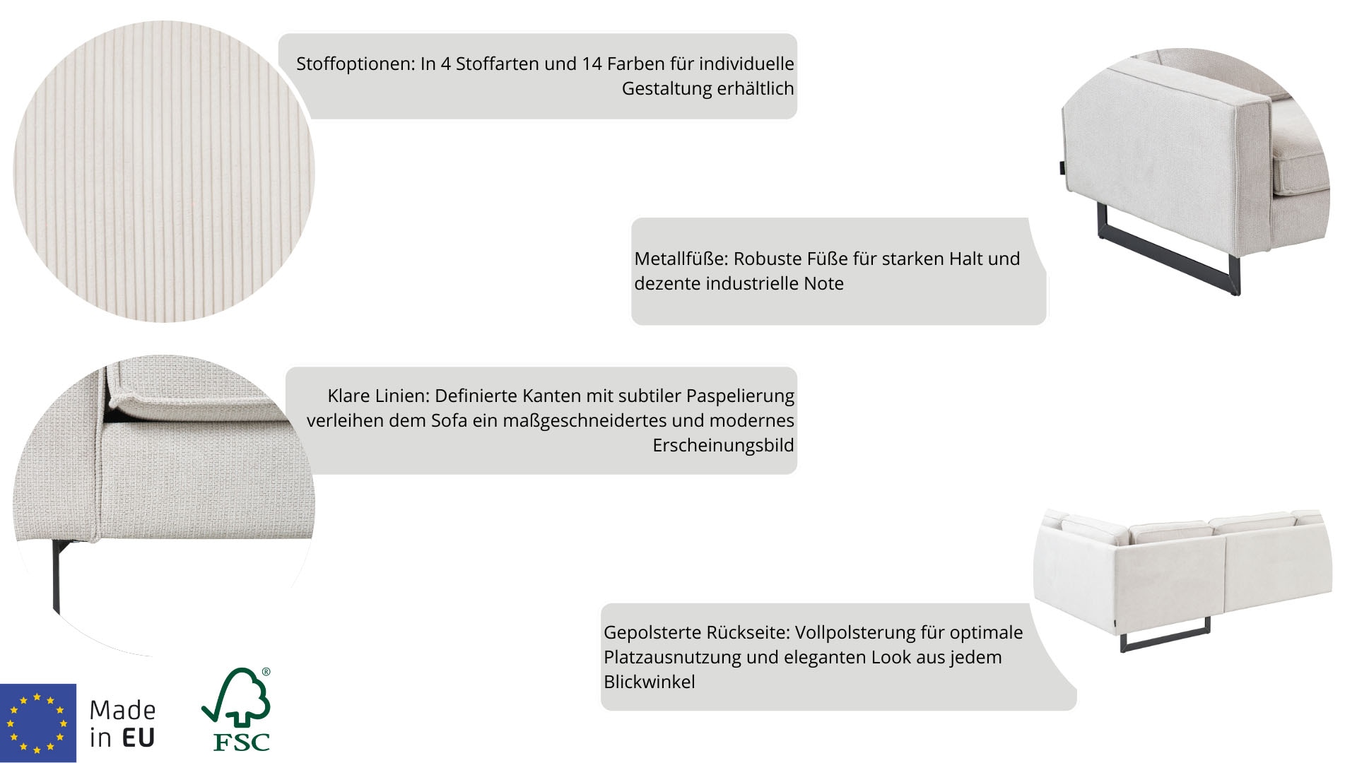 Places of Style 3-Sitzer »Pinto, 206 cm, Cord, Chenille, Lederoptik«, mit Keder, schwarze Metallfüße, Wellenunterfederung