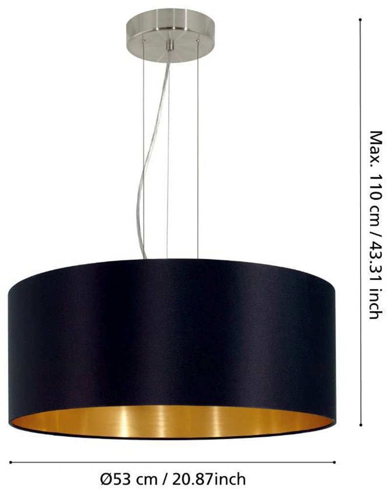 EGLO Hängeleuchte »MASERLO Hängelampe, schwarz, gold, silber, Stoff, elegant, modern«, 3 flammig, Leuchtmittel E27 | Leuchtmittel wechselbar-ohne Leuchtmittel, Pendelleuchte, Pendellampe, Wohnzimmer, Esszimmer, gemütlich, 110x53cm