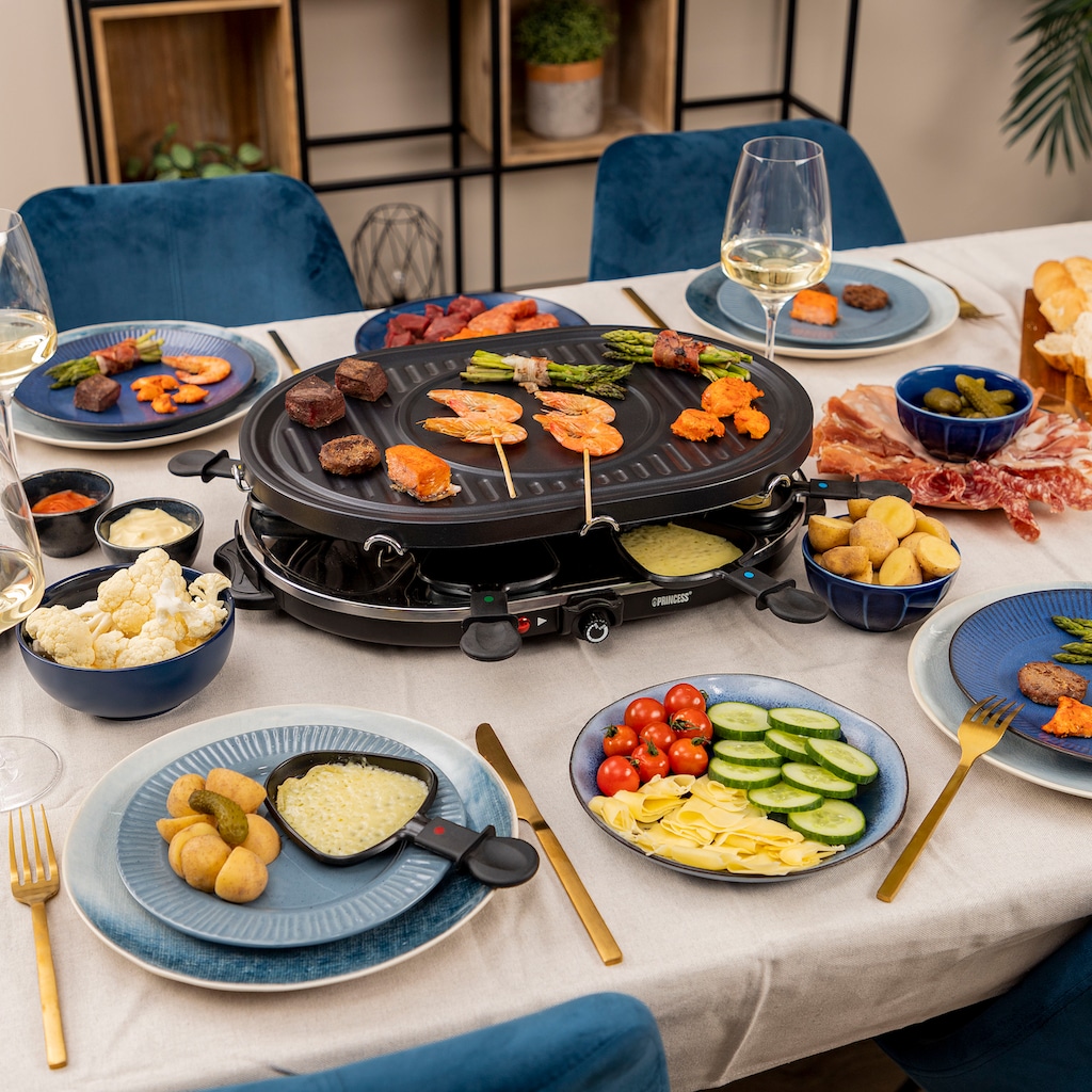 PRINCESS Raclette »162700 - Oval - 8 Pfannen«, 8 St. Raclettepfännchen, 1200 W, Multifunktionale Platte, inklusive 8 Pfännchen und 8 Holzschabern