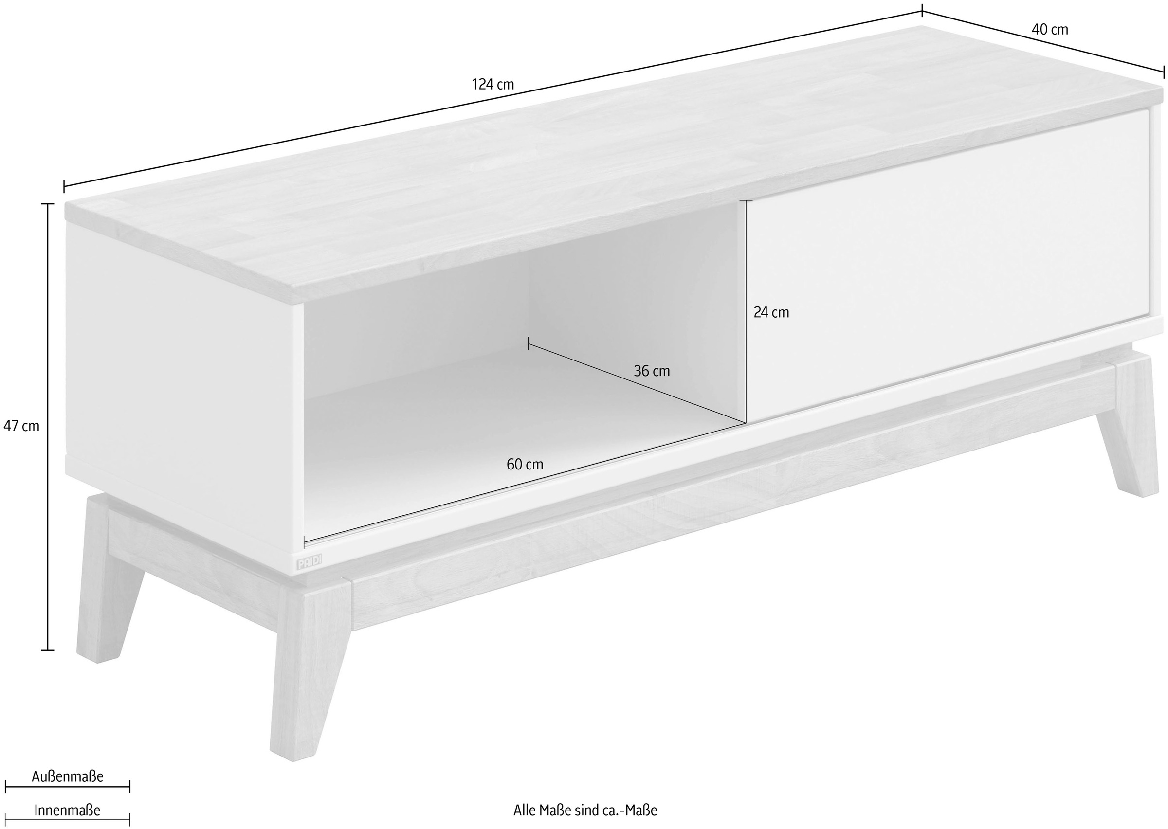 PAIDI Lowboard »STIENE in Beige oder Grau, 2 Fächer, Schiebetüre mit Soft-Close« B/H/T ca. 124/47/40cm,  stabiles Lowboard mit Massivholz, Sitzfunktion, TV-Board