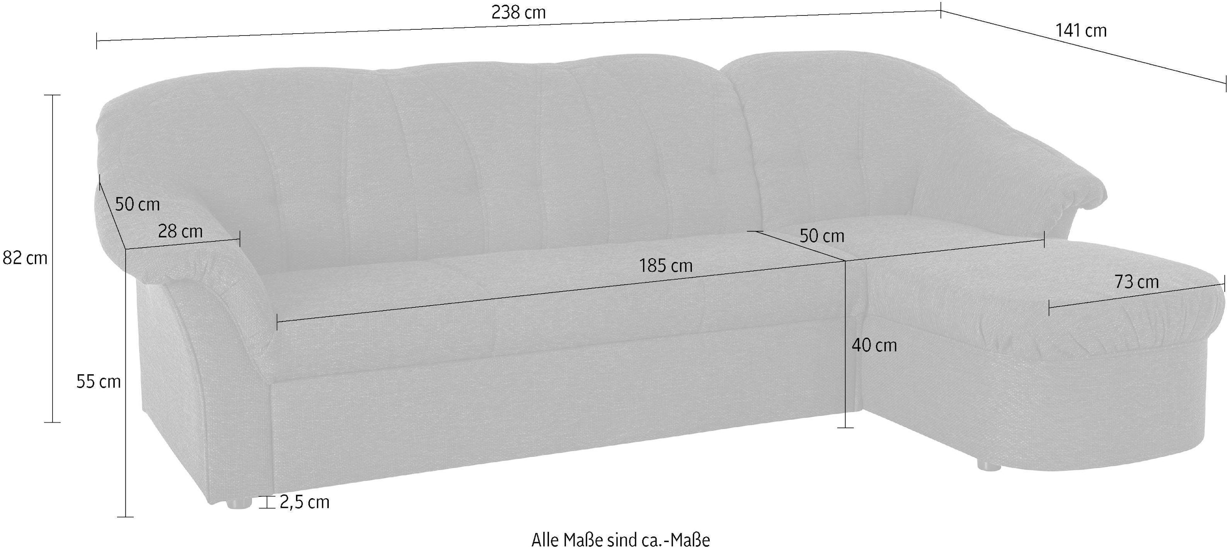 DOMO collection Ecksofa »Pegnitz, elegante Rückensteppung, kompakte Stellmaße 238/141cm, L-Form«, wahlweise mit Bettfunktion
