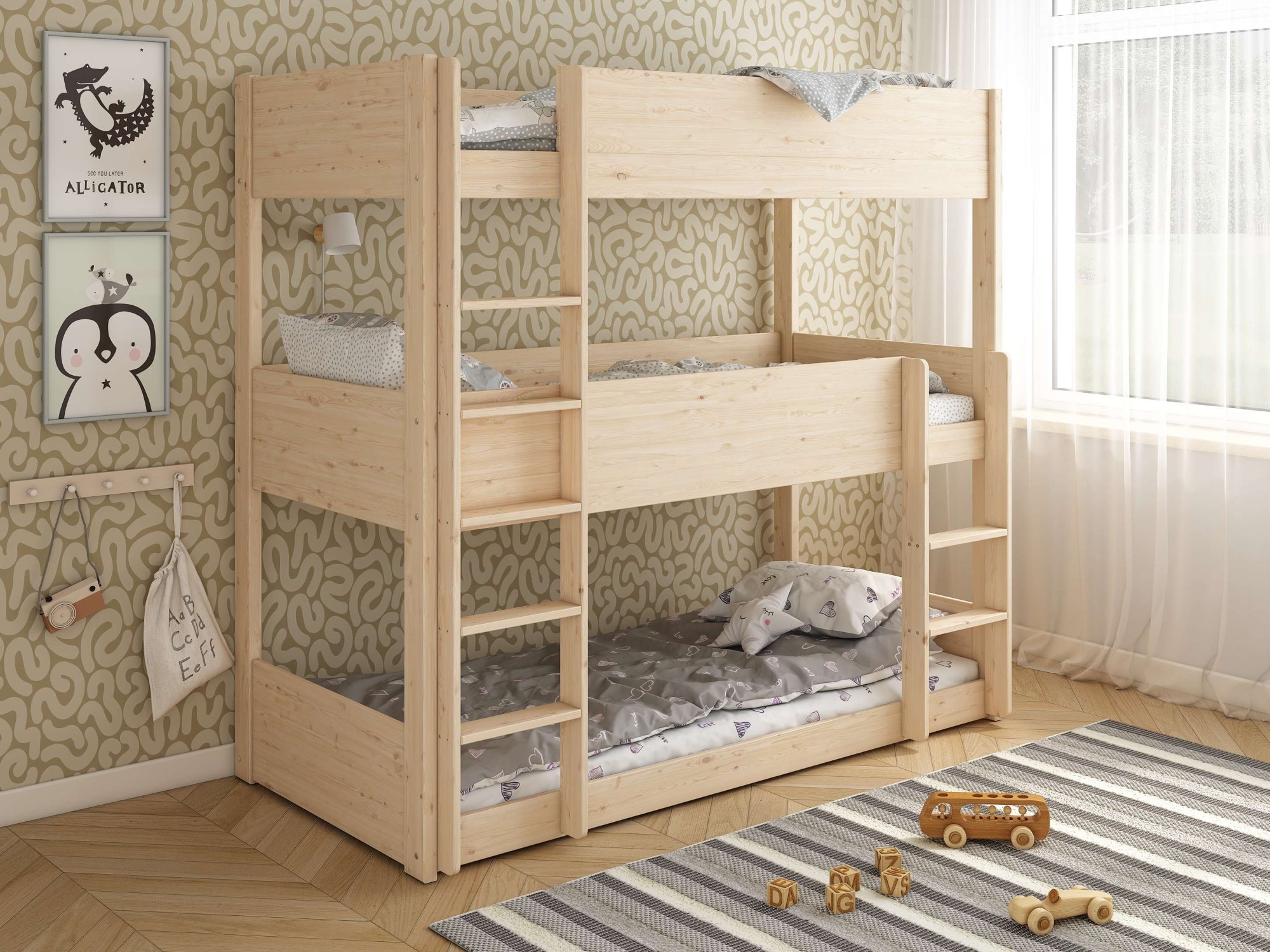 Lüttenhütt Etagenbett »TIPO BESTSELLER! Stockbett, Hochbett, Bodenbett, platzsparend« Leitern beidseitig montierbar,  mit 3 Schlafplätzen, FSC® zertifiziertes Massivholz (Kiefer)