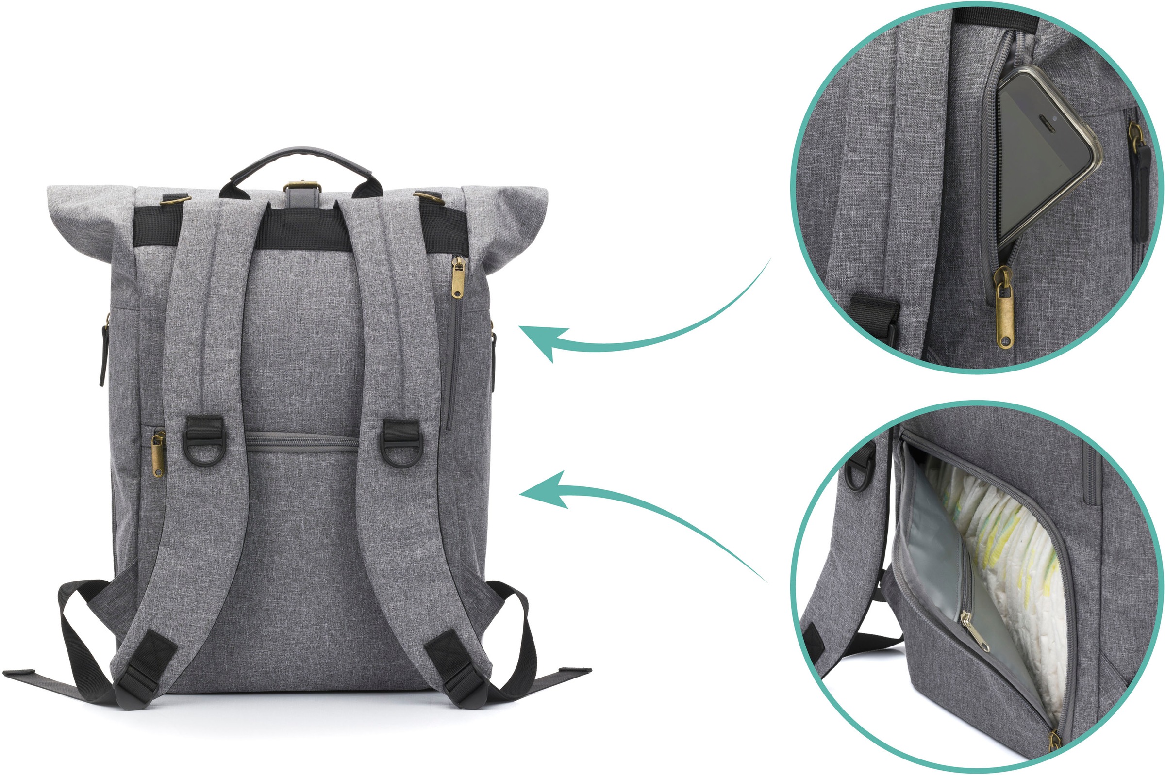 Fillikid Wickelrucksack »Rolltop Berlin, grau/schwarz«, Reflektoren, inkl. Wickeltunterlage