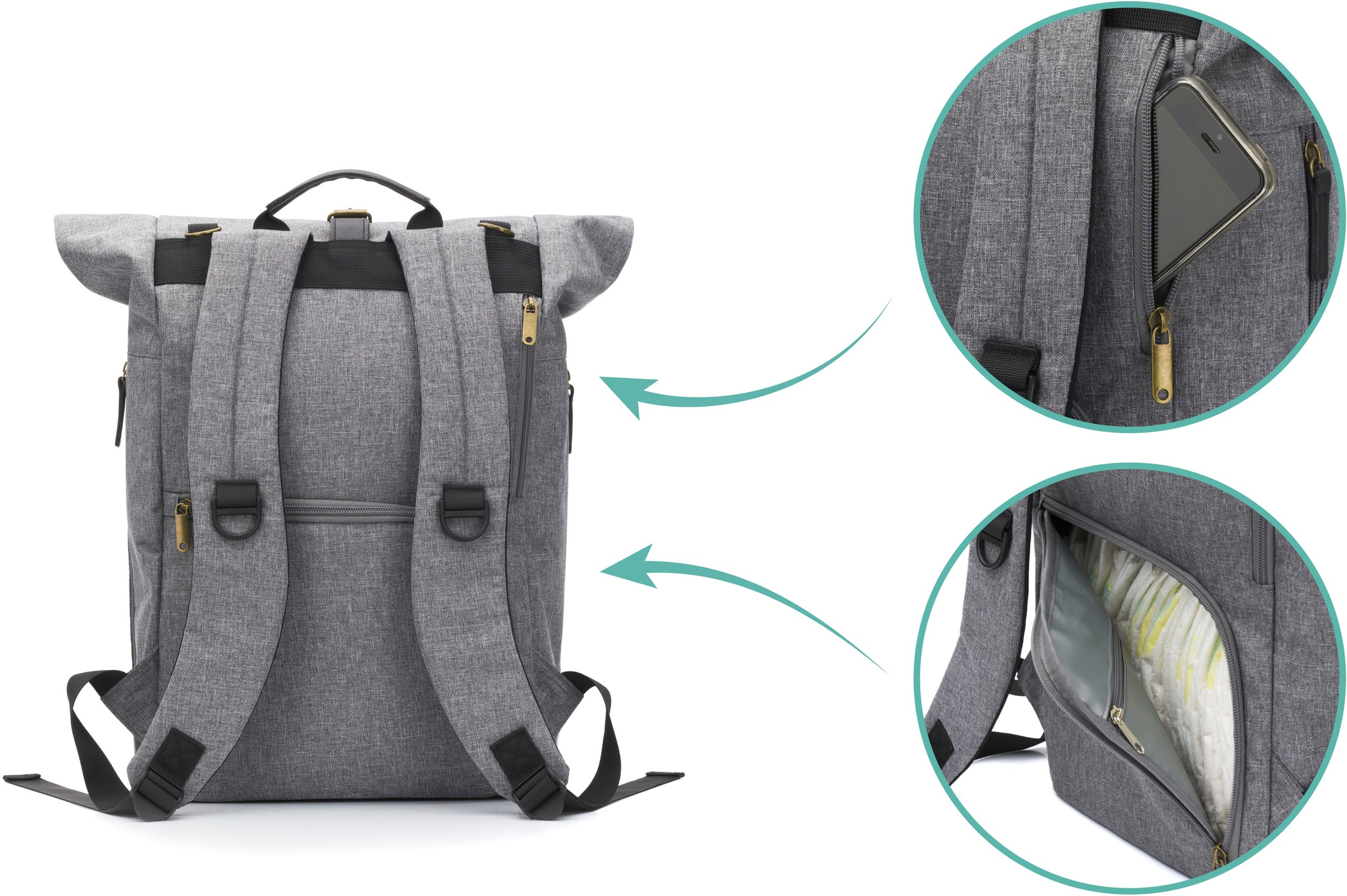 Fillikid Wickelrucksack »Rolltop Berlin, grau/schwarz«, inkl. Wickeltunterlage