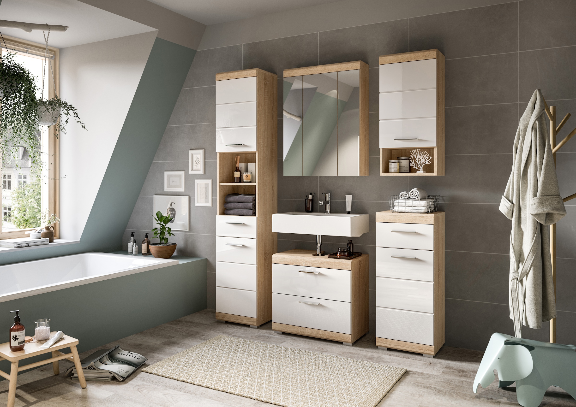 INOSIGN Badmöbel-Set »Siena, 5 teilig, bestehend aus:«, (Set), Hochschrank, WBU, Spiegelschrank, Unterschrank, Hängeschrank