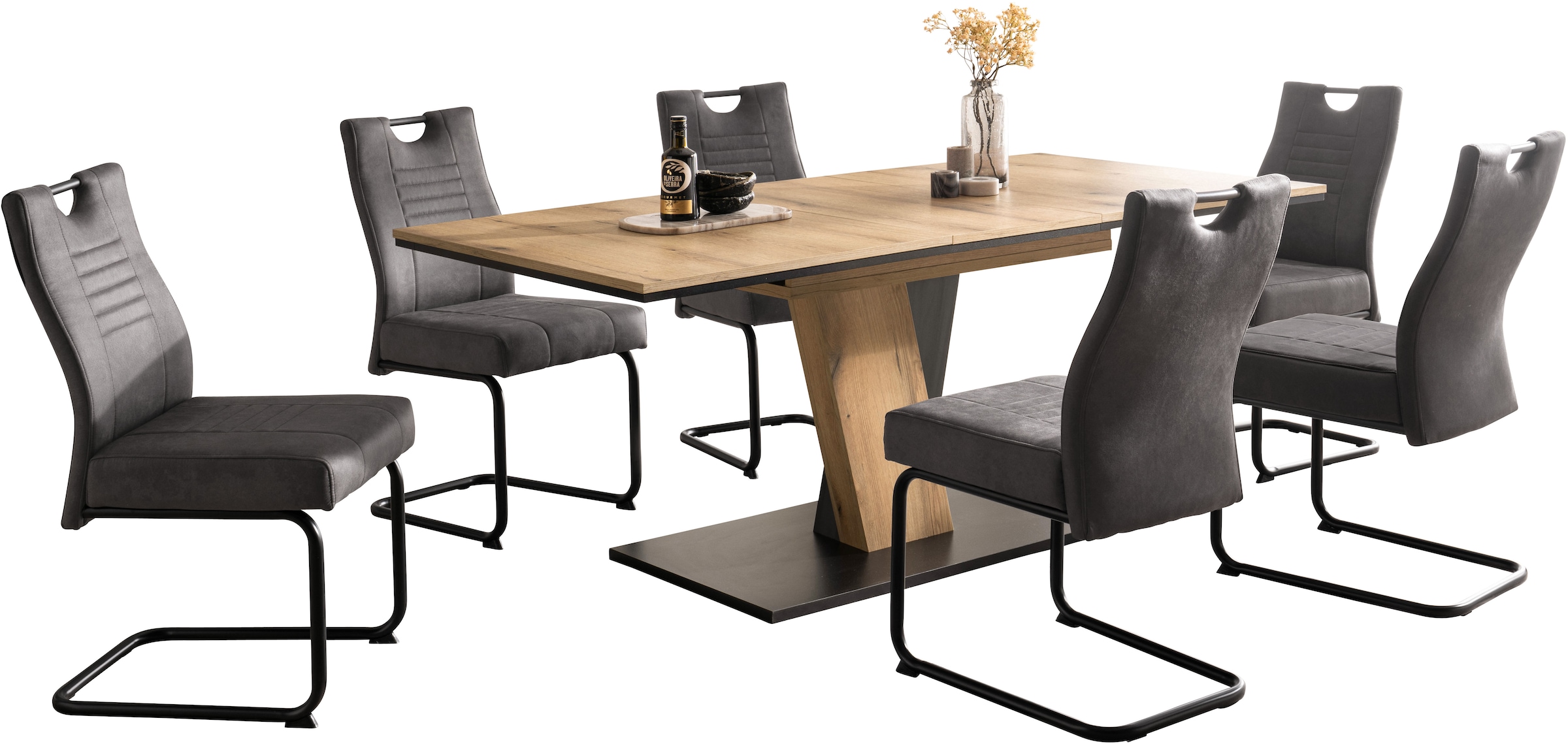 OTTO home »"Altona", Esstisch ausziehbar plus 6 Stühle, TOPSELLER!« Esstisch ausziehbar 140 - 180 cm, 6 Freischwinger, 7 tlg. tlg. Säulentisch 140-180x90 cm, Stuhl mit Federkorb, 140 kg belastbar