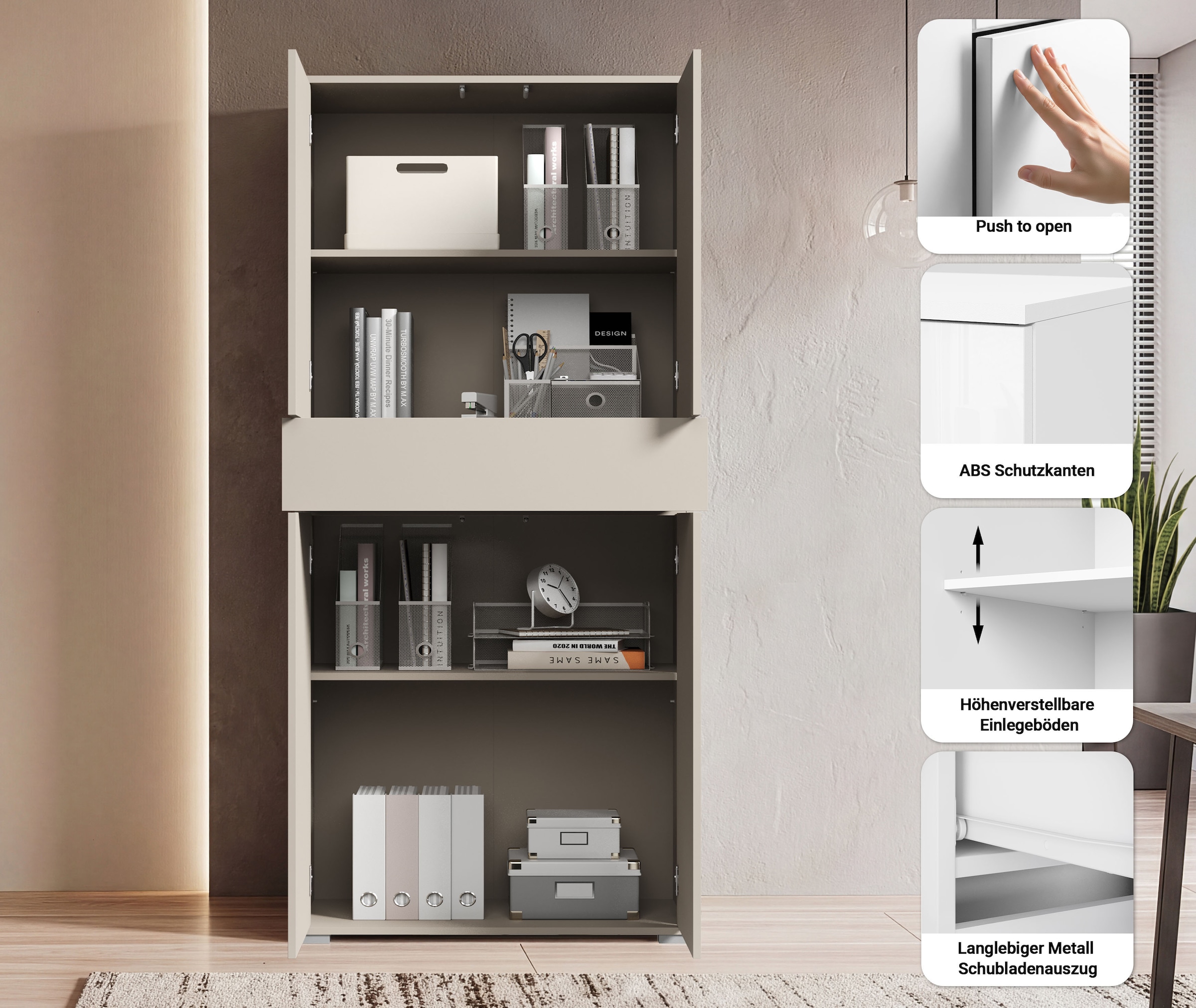 OTTO home Aktenschrank »Kenia, Stauraumschrank 80 cm breit mit Schublade« 1 Stk. tlg. Griffloses Design mit Push-to-Open und verstellbaren Einlegeböden