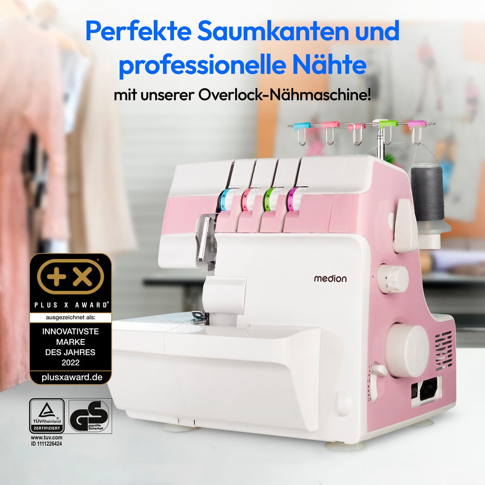 Medion® Overlock-Nähmaschine »MD 19169, Teleskopfadenführung, Zubehör- Fach,«, 4 Fäden gleichzeitig, Nähen mit 2 Nadeln, Einstellbare Fadenspannung