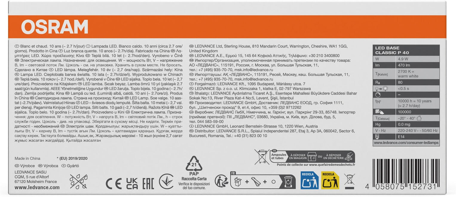 Osram LED-Leuchtmittel »LED BASE Tropfenform« E14 5 Stk. Warmweiß
