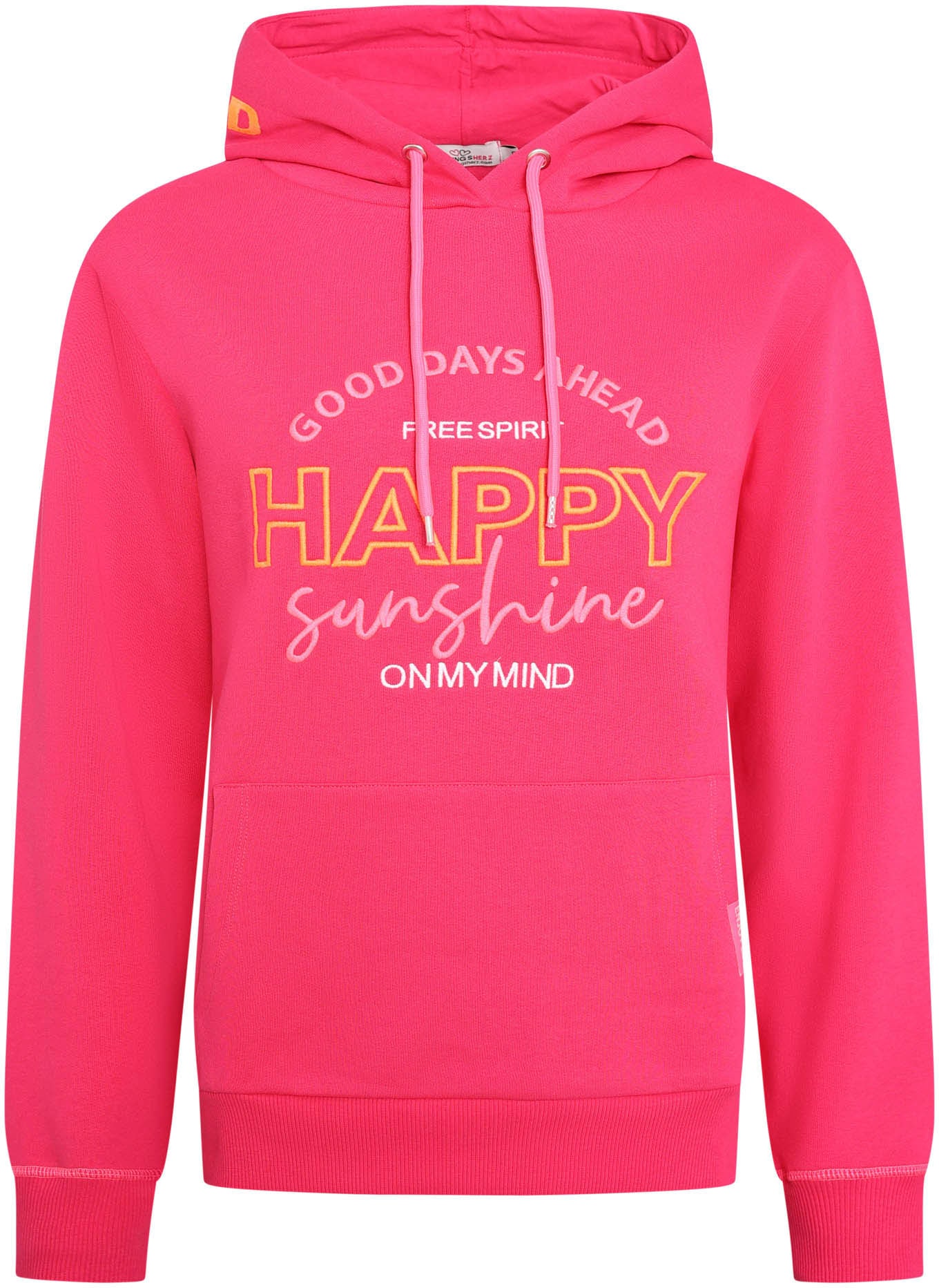 Sweatshirt, "Happy"-Aufstick und "Feel Good"-Schriftzug auf der Kapuze