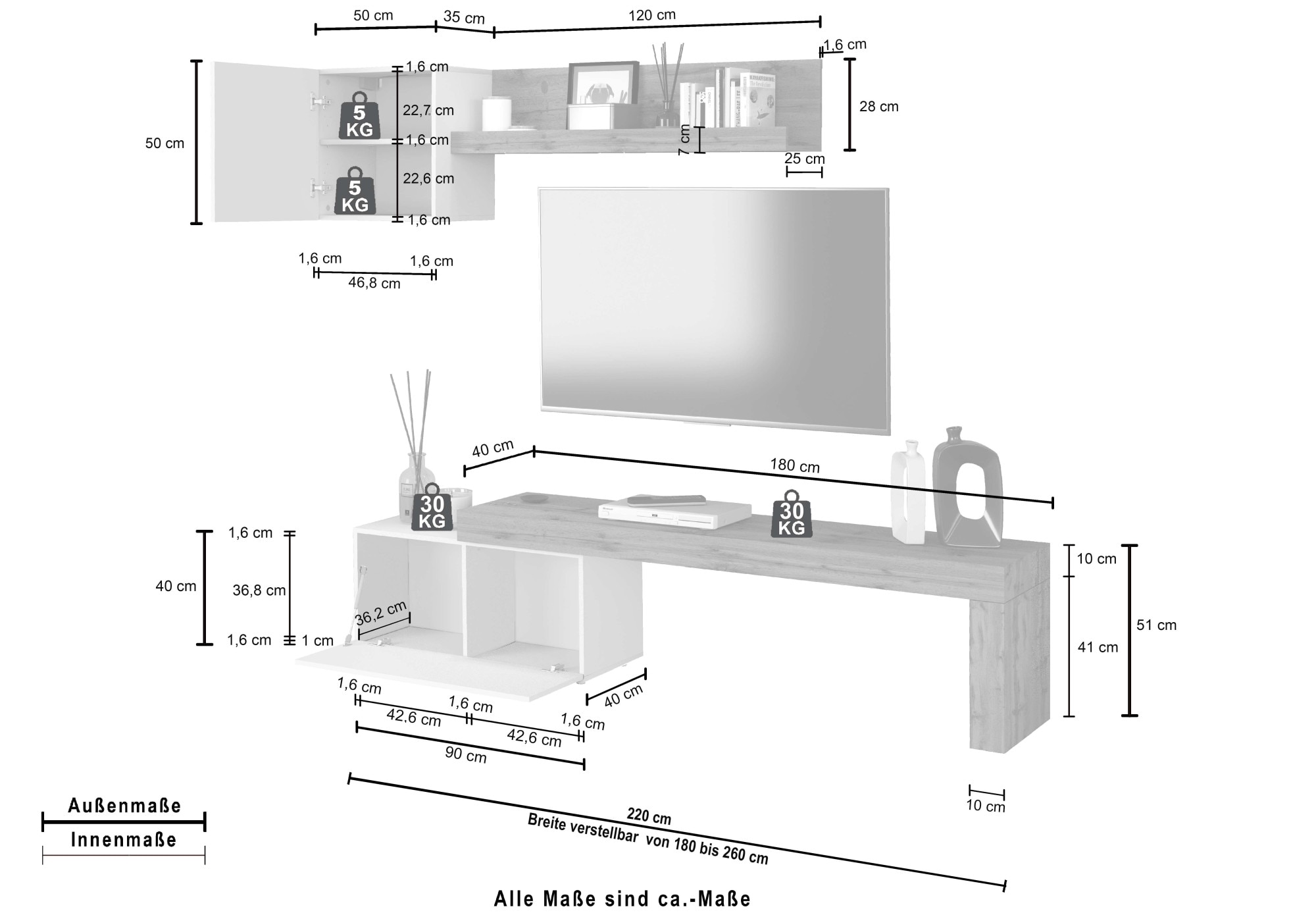 OTTO home TV-Wand »Chronos TV-Set, Wohnwand – Elemente frei platzierbar, Made in Italy« Set, 3-er set, 3 Stk. tlg.