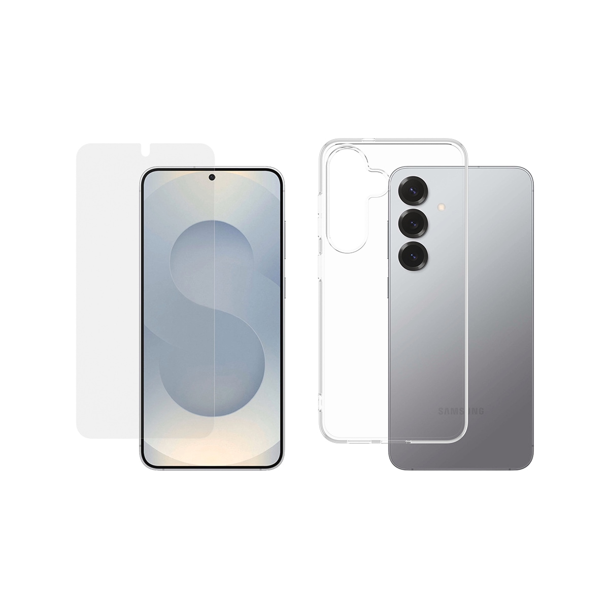 CARE by PanzerGlass USB-Ladegerät »StartKit - alles drin - Screen Protector, Case & Charger« Set, 20W Ladegerät, Displayschutzglas, TPU-Schutzhülle, 3 Stk. tlg. 3-in-1 Bundle für Samsung Galaxy S25