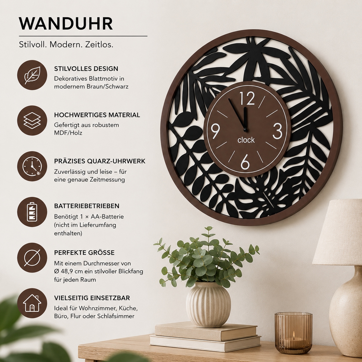 OTTO home Uhr »dekoratives Blattmotiv, aus MDF gefertigt« runde, große Wanduhr mit Quarzuhrwerk, ca.49cm
