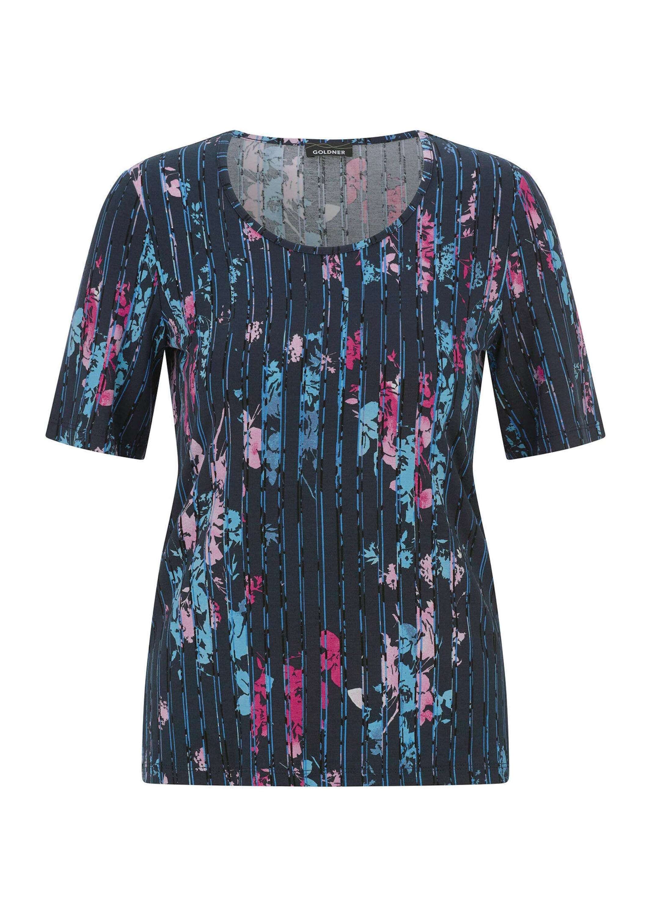 GOLDNER Kurzarmshirt »Kurzgröße Viskoseshirt mit Blüten und Längsstreifen« stretchbequemer Viskosejersey