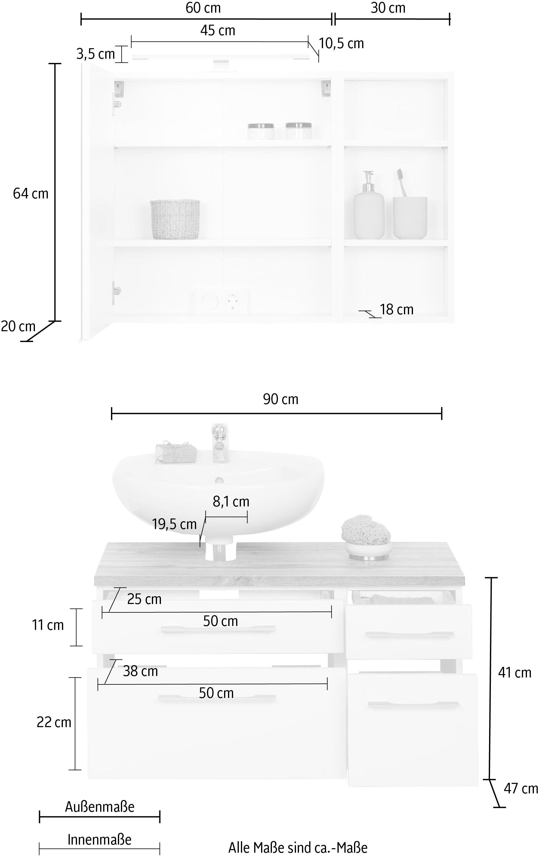 HELD MÖBEL Badmöbel-Set »Davos«, (3 St.), Spiegelschrank, Regal und Waschbeckenunterschrank
