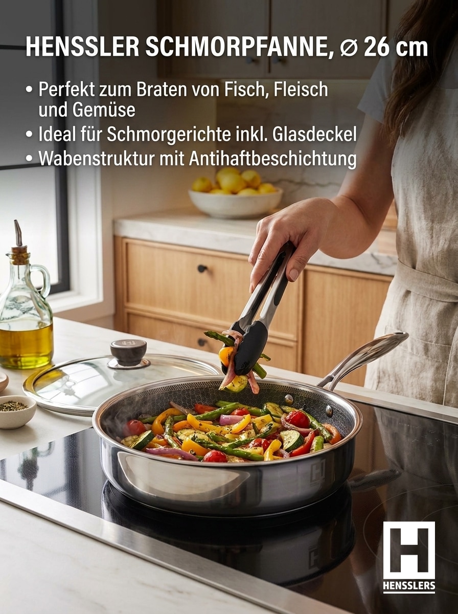 HENSSLERS Schmorpfanne Edelstahl 3-Schicht Material, Wabenstruktur und Antihaftbeschichtung, Induktion