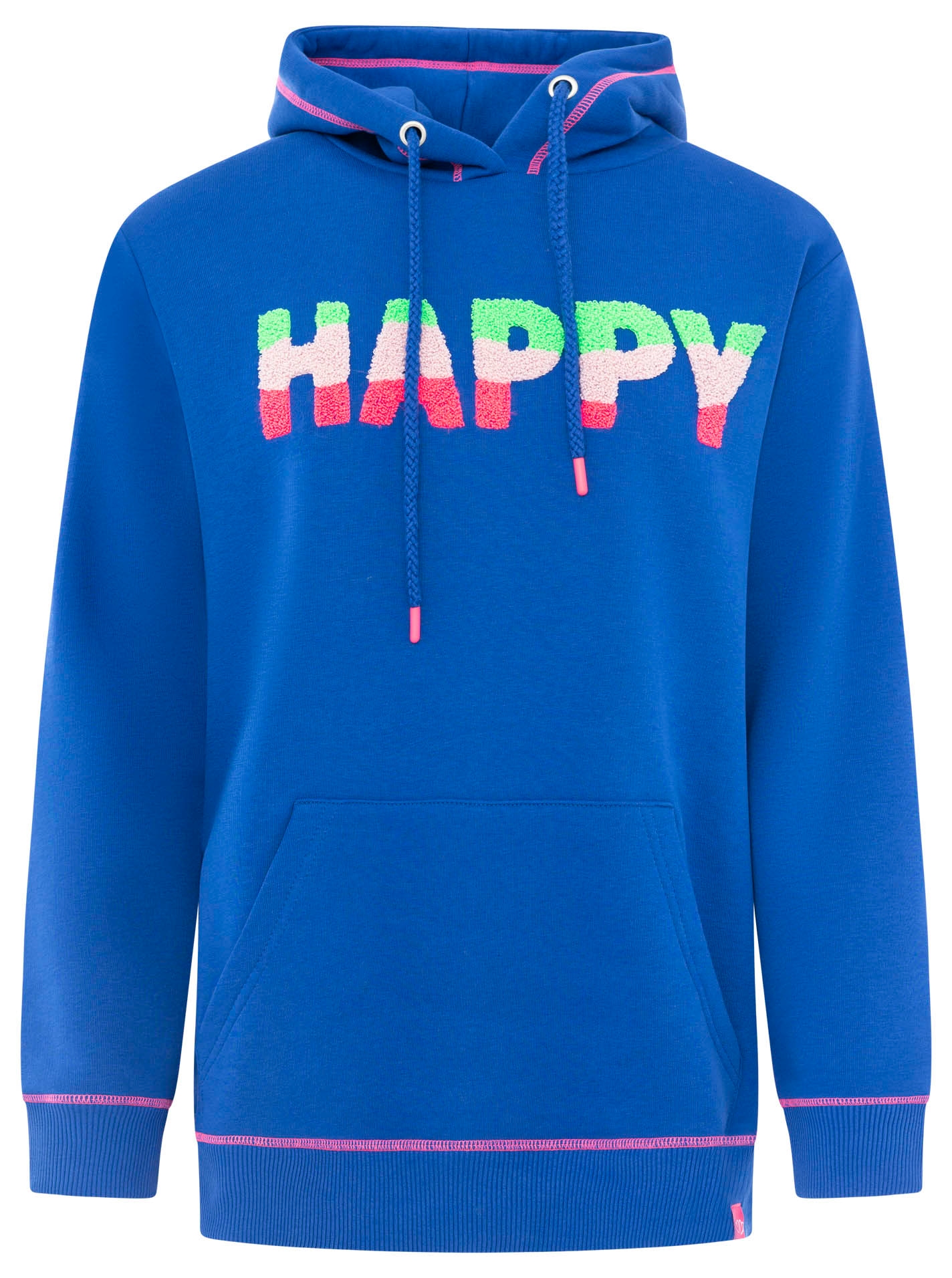 Zwillingsherz Hoodie »"HAPPY"«, bunter Schriftzug aus Frottee, Kapuze mit Kordel, Kängurutasche
