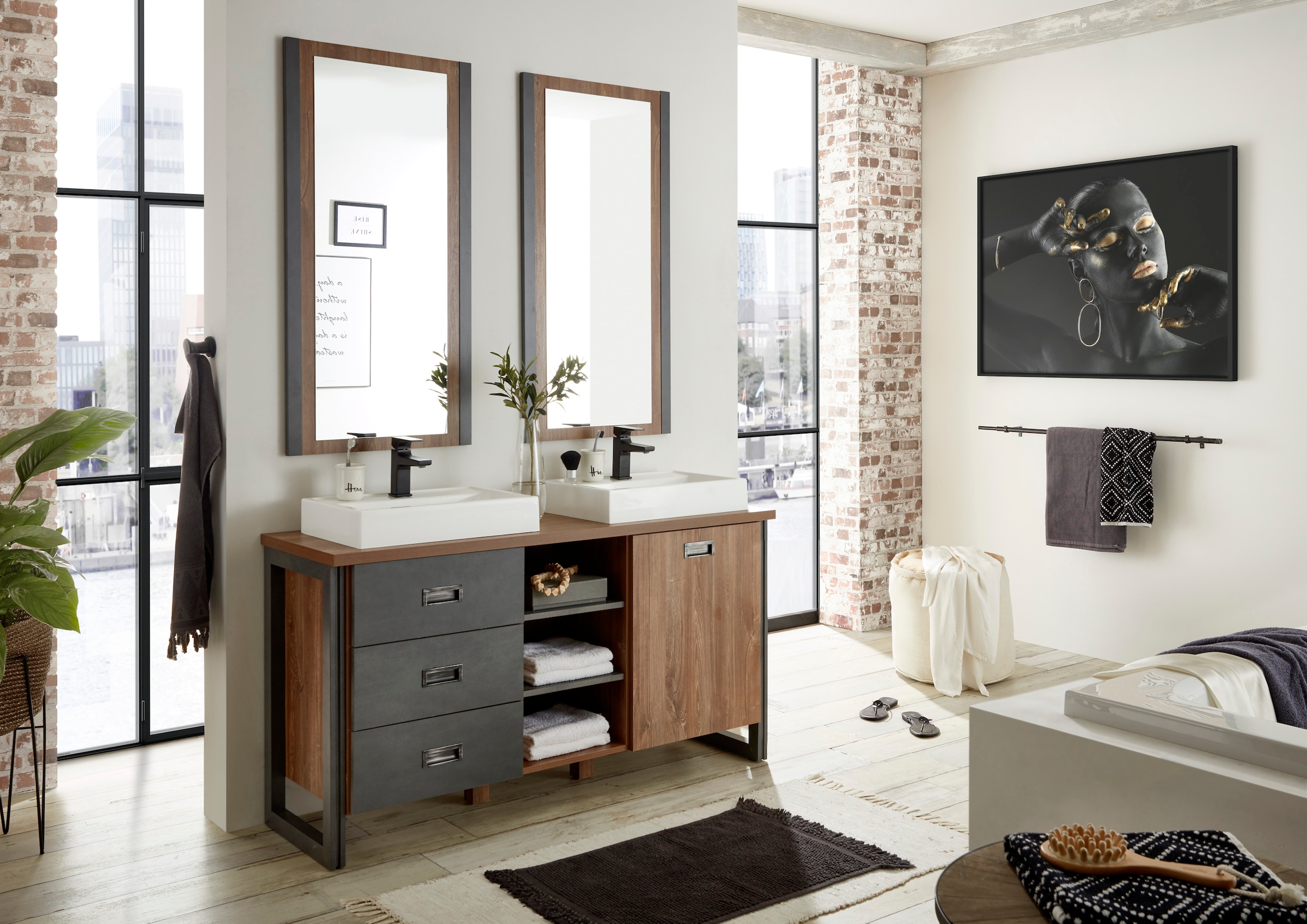 Home affaire Badmöbel-Set »Detroit, Bad im Industrialdesign, 2-teiliges Badezimmer«, (Set, 3 St.), Waschtisch und Spiegel, inkl. zwei Aufsatzwaschbecken aus Mineralguss