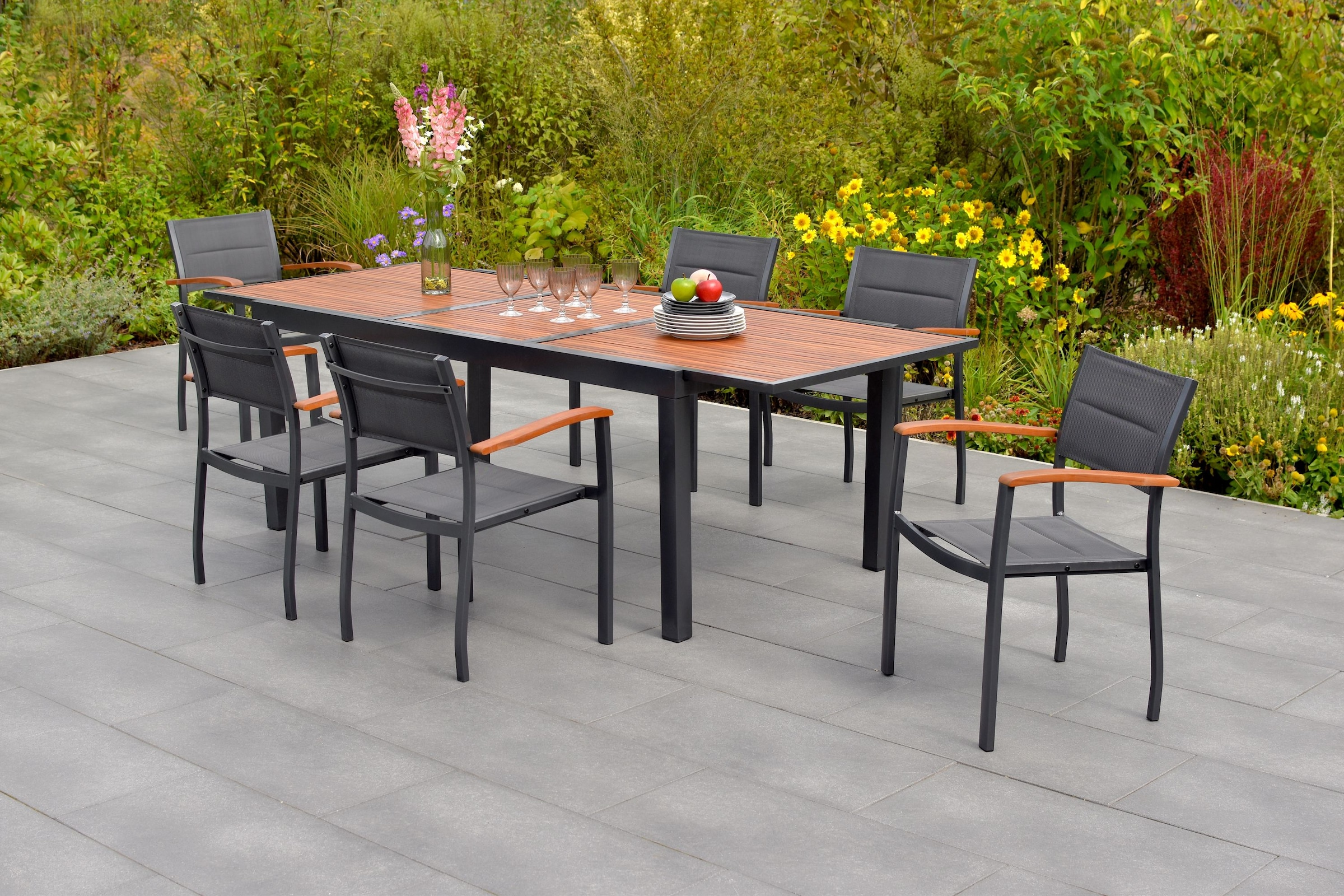 MERXX Garten-Essgruppe »»Paxos««, (Set, 7 tlg., Gepadded, pulverbeschichtetes Aluminiumgestell), Ausziehtisch: LxB: 180-240 x 100 cm