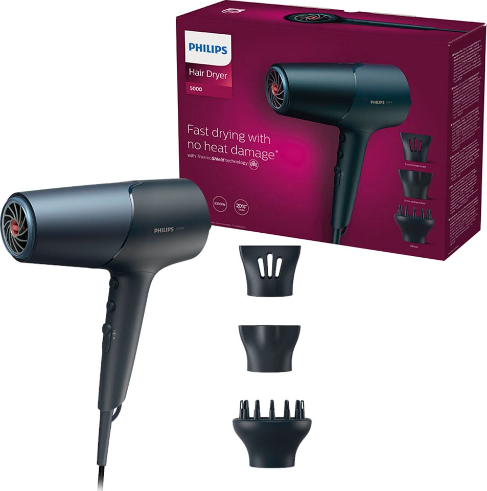 Philips Haartrockner »Series 5000 BHD512/20« 2.300 W 3 Aufsätze mit ThermoShield Technologie, 3 Hitze- und 2 Geschwindigkeitsstufen in blau