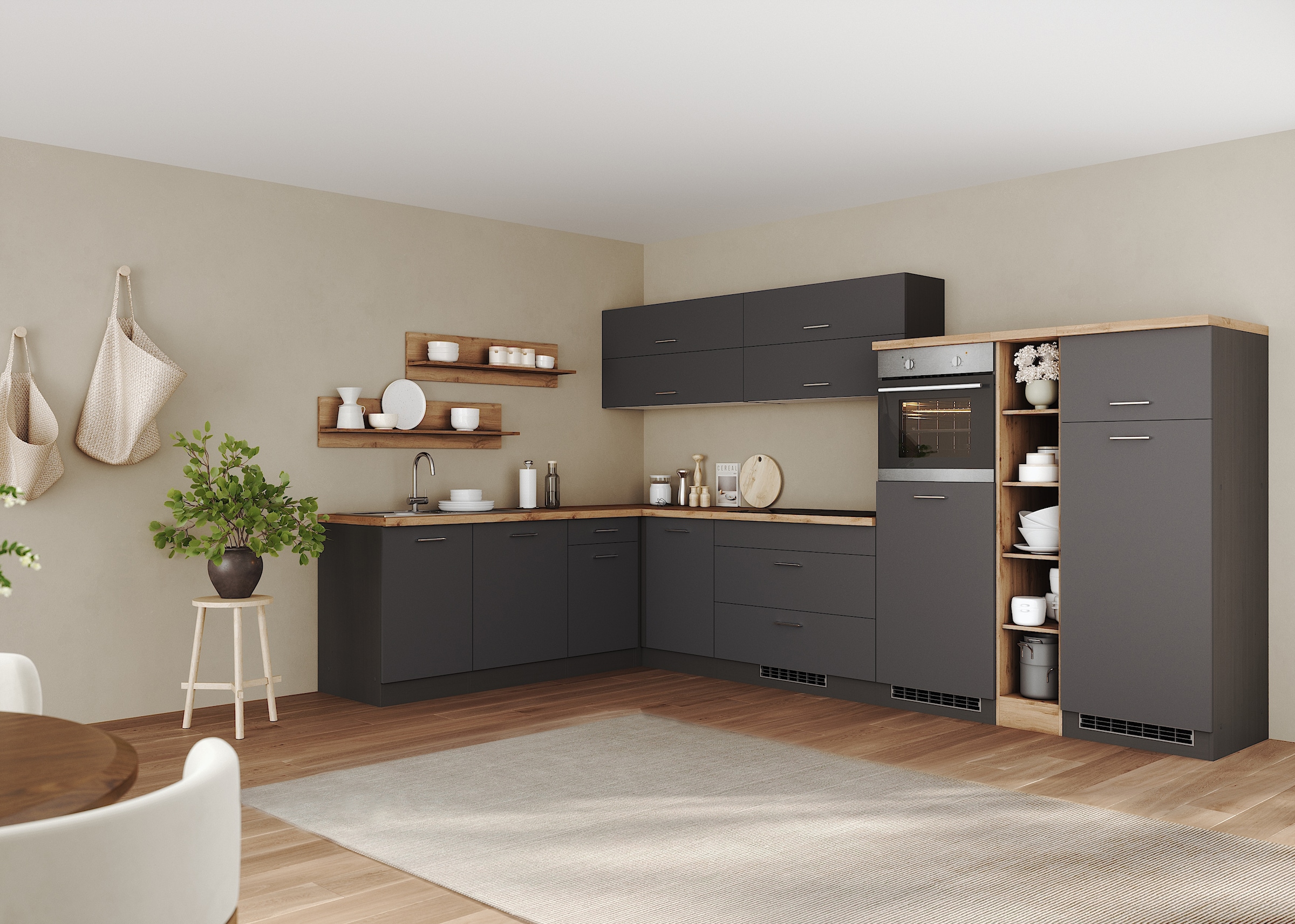 KOCHSTATION Winkelküche »KS-Milan, optional mit Muldenlüfter« Stellbr.360/220 cm, wahlweise mit E-Geräten, Kochfeld mit Dunstabzug