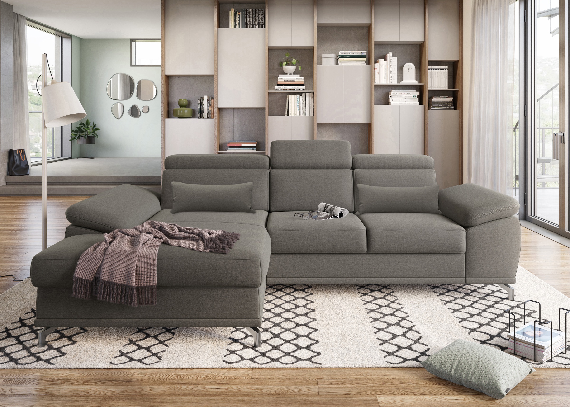 sit&more Ecksofa »Cabrio L-Form, B: 295 cm, mit Sitztiefen-, Arm- & Kopfteilverstellung« 2 Nierenkissen, Federkern, optional Bettfunktion und Stauraum