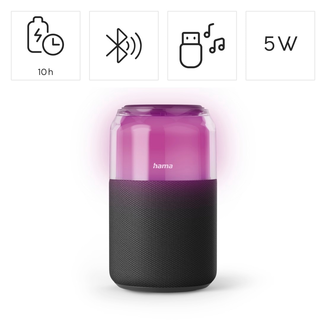 Hama Bluetooth-Lautsprecher »Bluetooth-Lautsprecher mit LED-Licht und True Wireless« (Bluetooth Beleuchtungseffekte 5 W) LED-Lichtmodi, True Wireless Stereo, USB-A, Akku, Hängeschlaufe
