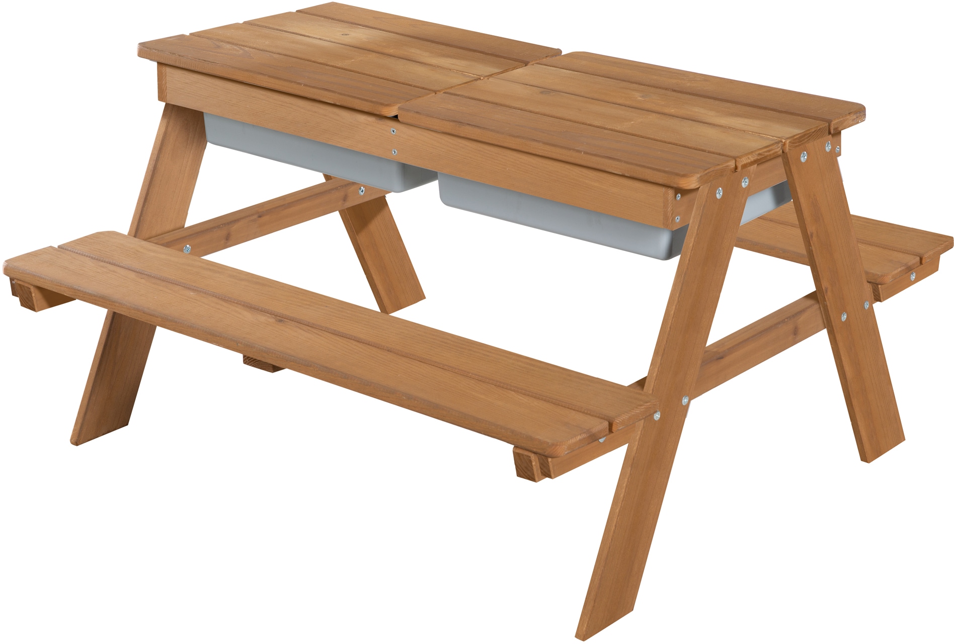 roba® Kindersitzgruppe »Picknick for 4 Outdoor + mit Spielwannen, Teakholz-Optik«, (Set), mit abgerundeten Ecken; inklusive Sitzauflagen Â»Little StarsÂ«