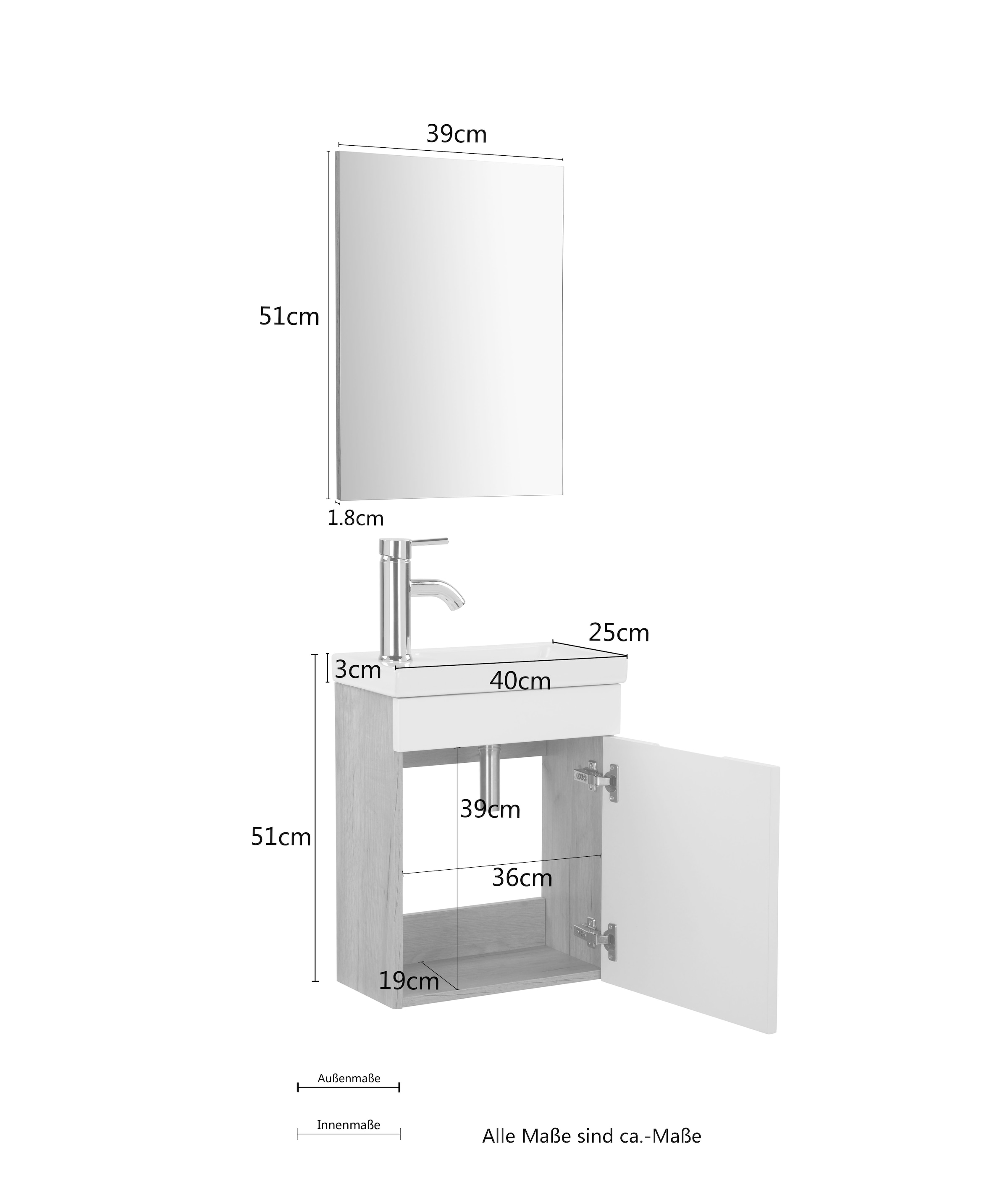 welltime Badmöbel-Set »Lund Gästebad Gästebadezimmmer Set Gäste-WC Waschplatzset«, (Komplett-Set), Waschtisch, Spiegel und Waschbecken Breite 40 cm