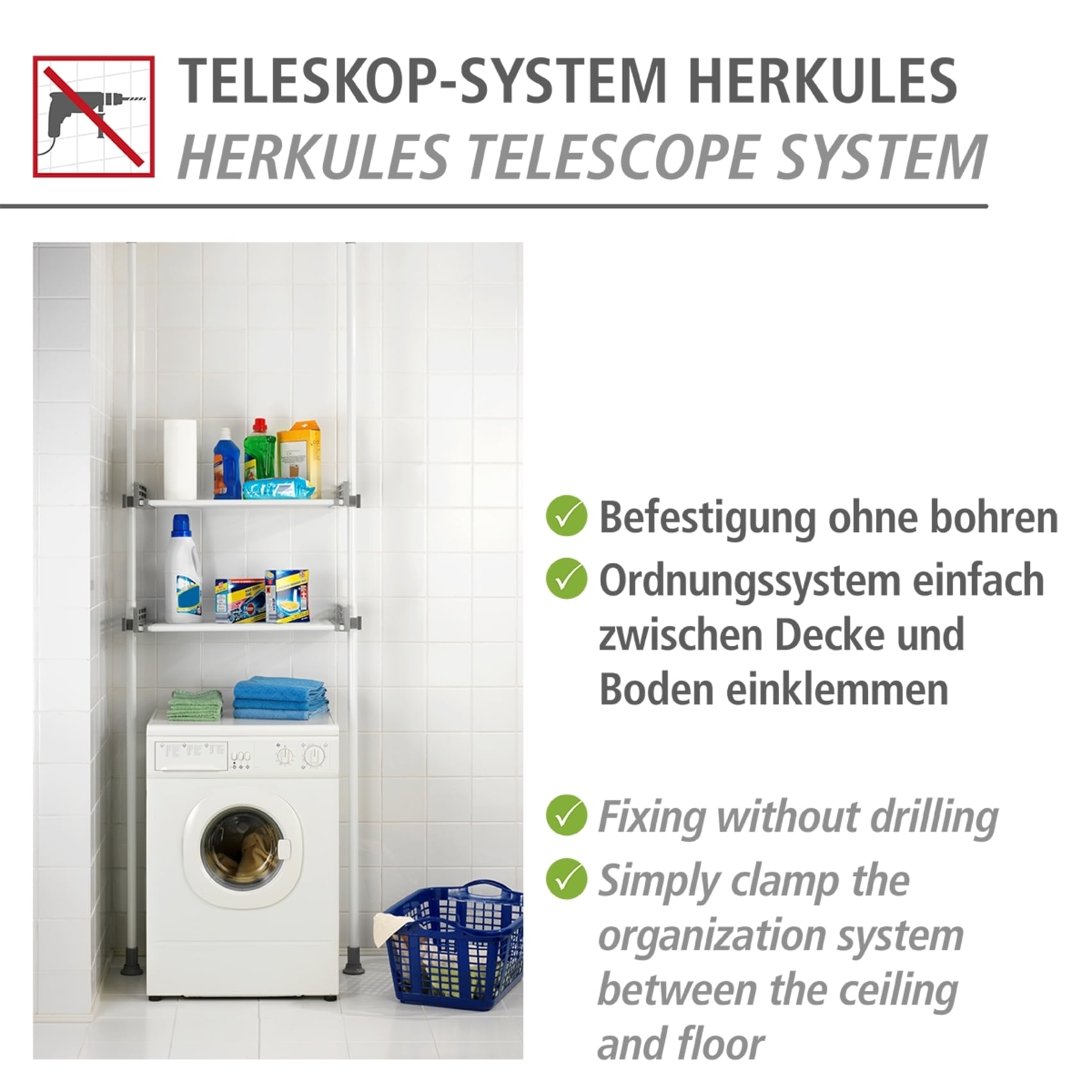 WENKO Teleskopregal »Modell Herkules Twin«, (Set), 2 Trägerstangen, 2 verstellbare Ablagen, ideal für Bad & Abstellkammer